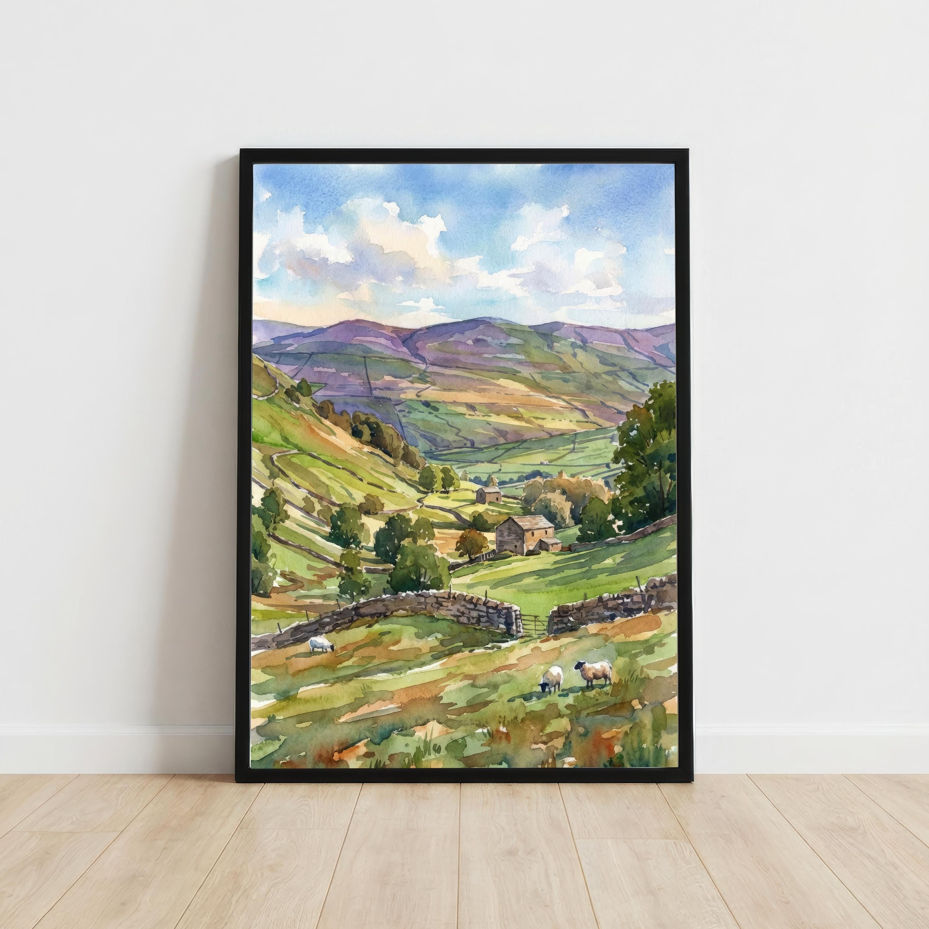 Yorkshire Dales Watercolor Painting Poster England Wall Art Countryside Landscape Print Gift for UK Travel Lovers and Fans of Scenic