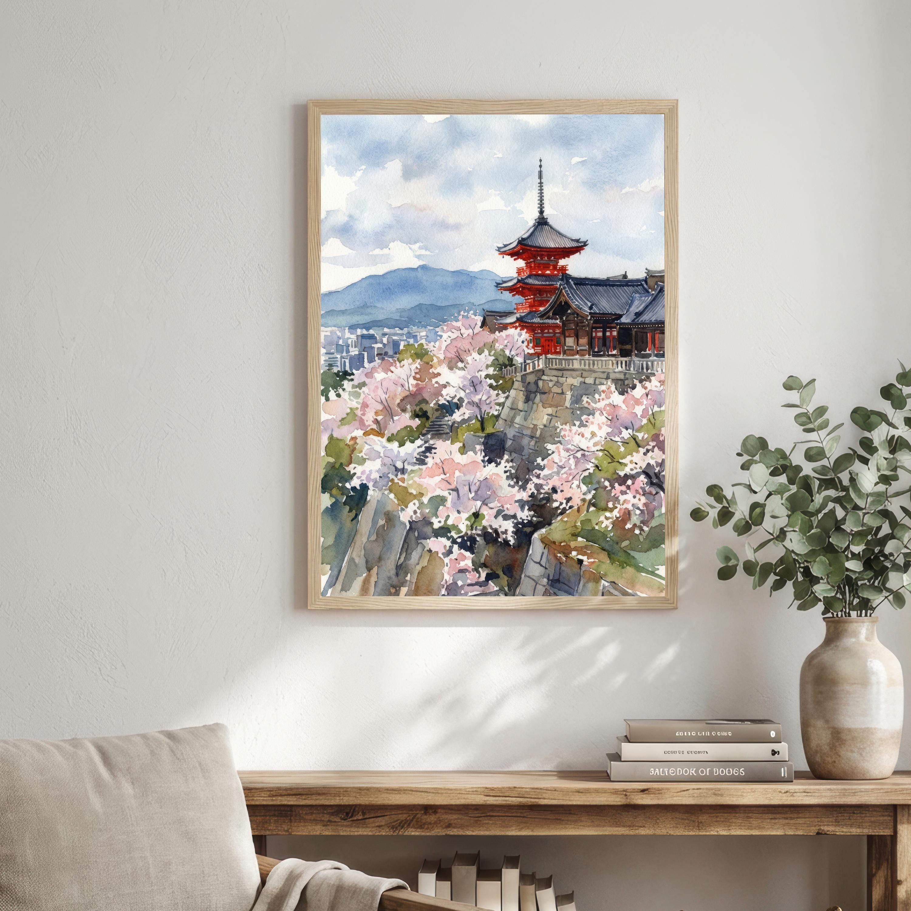 Kyoto Japan Watercolor Painting Poster Wall Art Historic City Landscape Print Gift for Asia Travel Lovers and Fans of Scenic Japanese