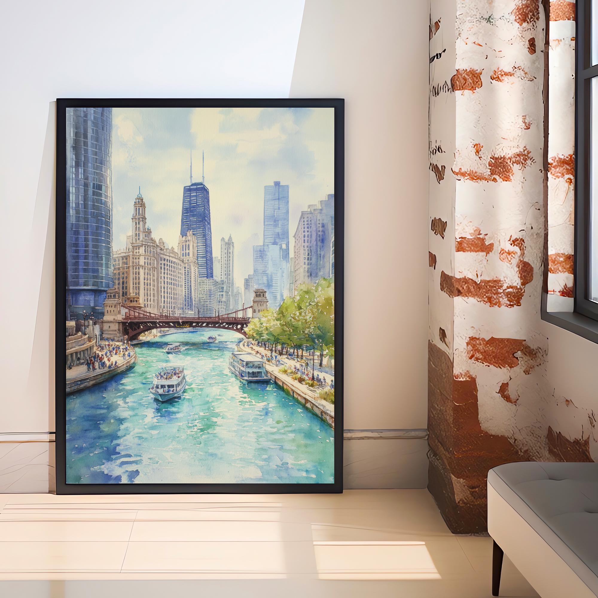 Chicago Watercolor Painting Poster USA Wall Art City Skyline Landscape Print Gift for American Travel Lovers and Fans of Scenic Illinois