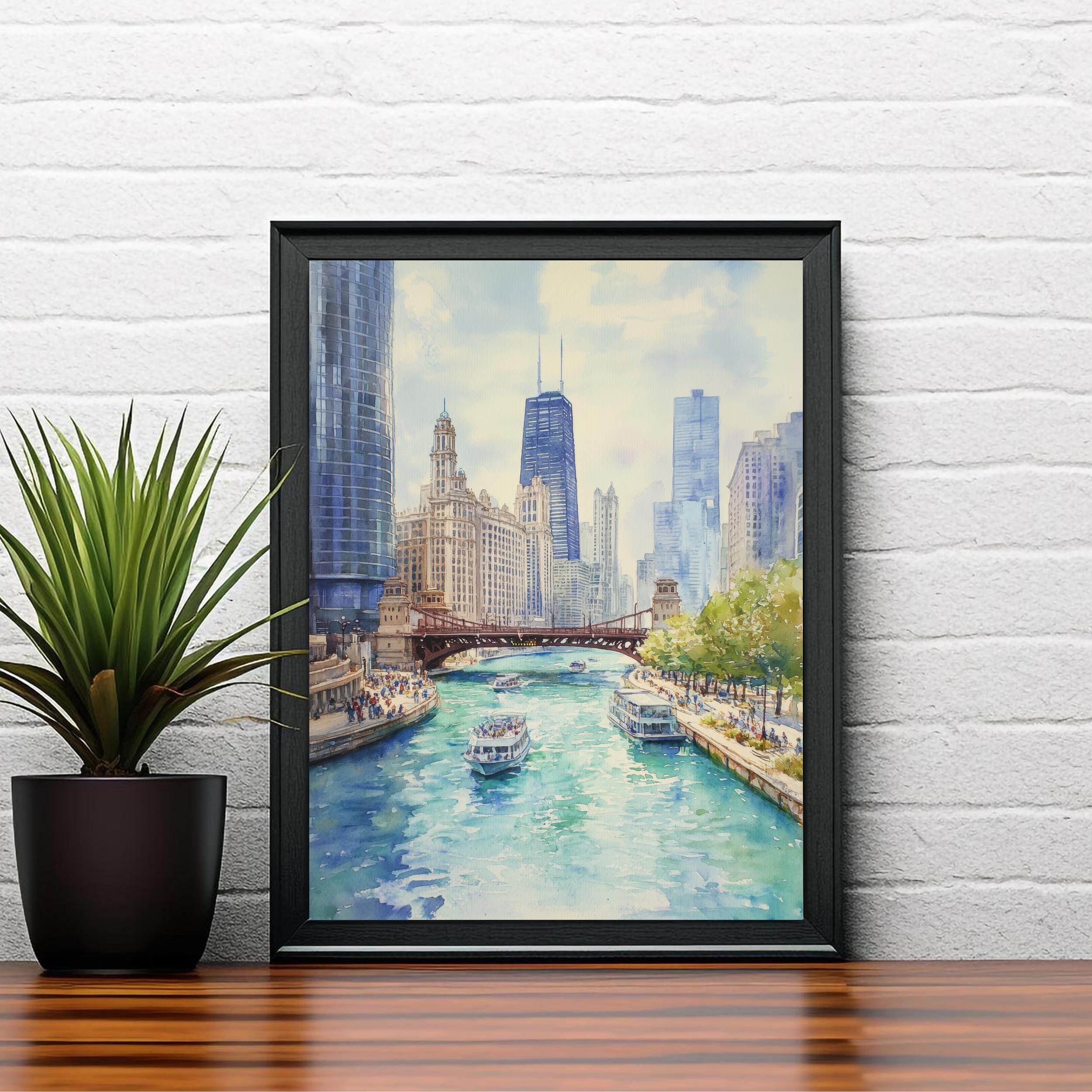 Chicago Watercolor Painting Poster USA Wall Art City Skyline Landscape Print Gift for American Travel Lovers and Fans of Scenic Illinois