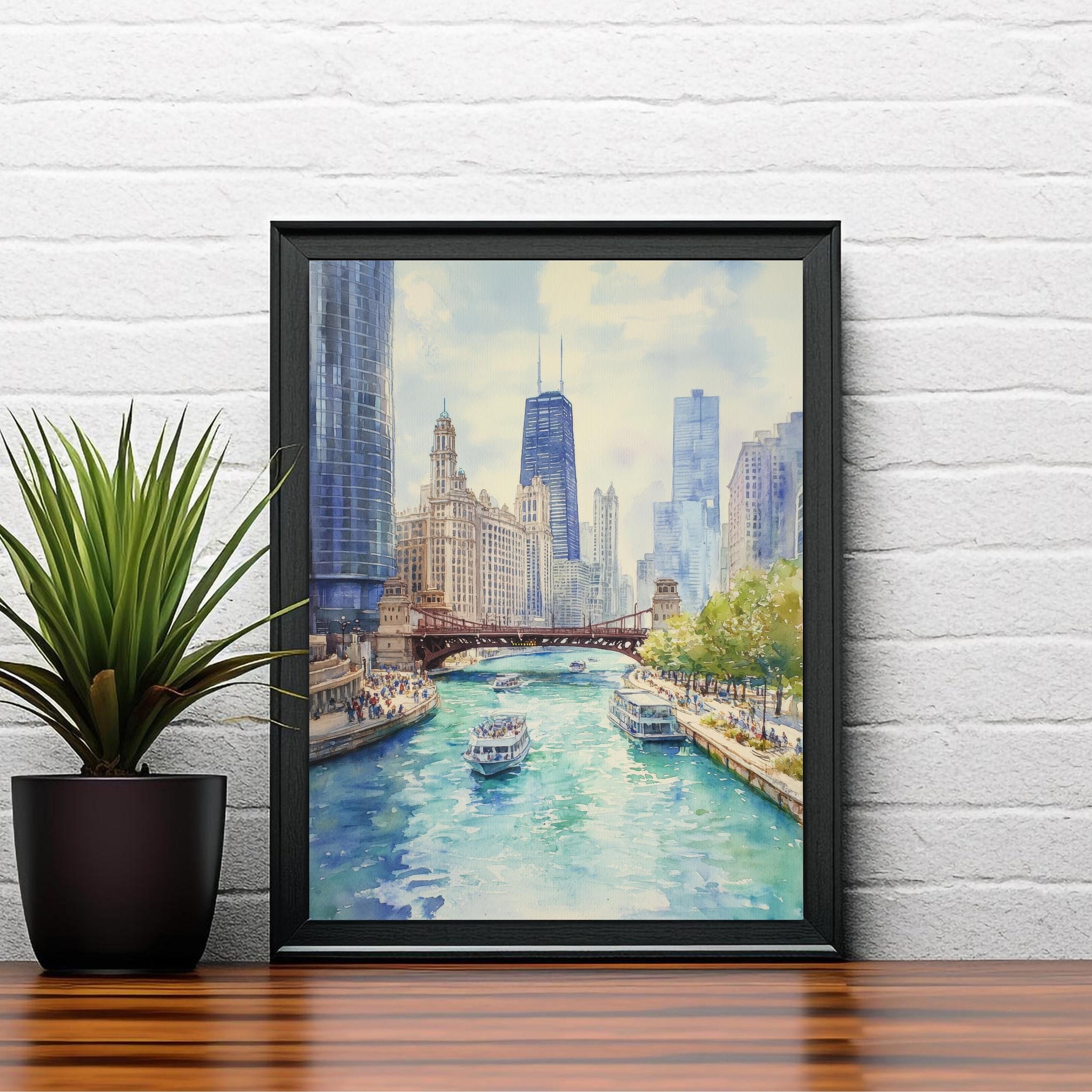 Chicago Watercolor Painting Poster USA Wall Art City Skyline Landscape Print Gift for American Travel Lovers and Fans of Scenic Illinois