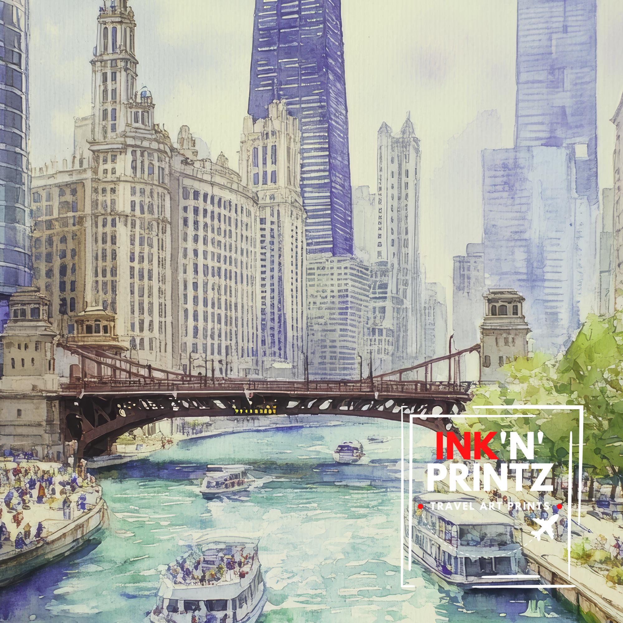 Chicago Watercolor Painting Poster USA Wall Art City Skyline Landscape Print Gift for American Travel Lovers and Fans of Scenic Illinois