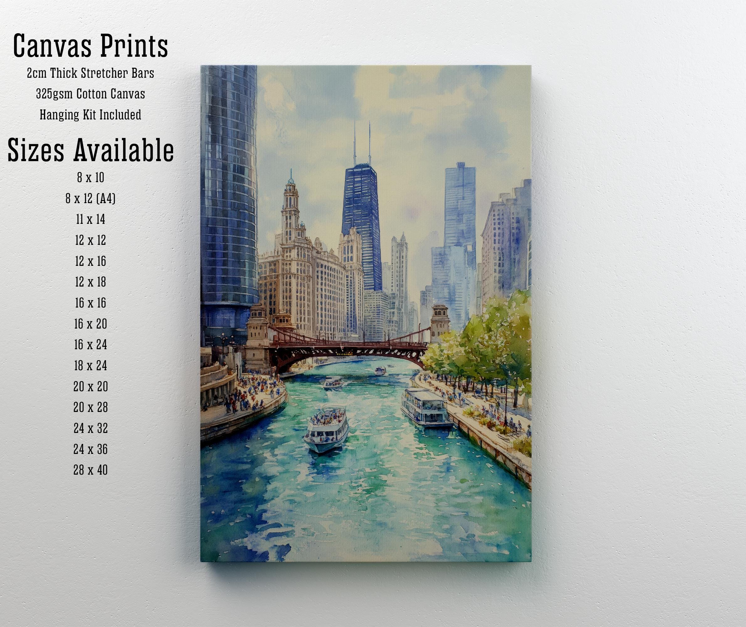 Chicago Watercolor Painting Poster USA Wall Art City Skyline Landscape Print Gift for American Travel Lovers and Fans of Scenic Illinois