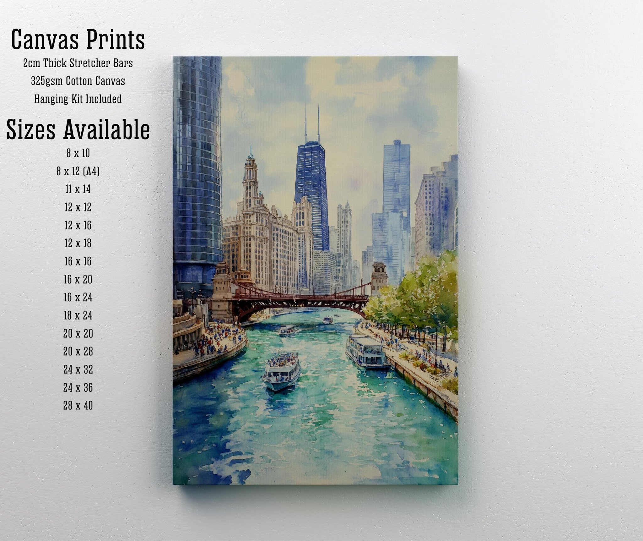 Chicago Watercolor Painting Poster USA Wall Art City Skyline Landscape Print Gift for American Travel Lovers and Fans of Scenic Illinois