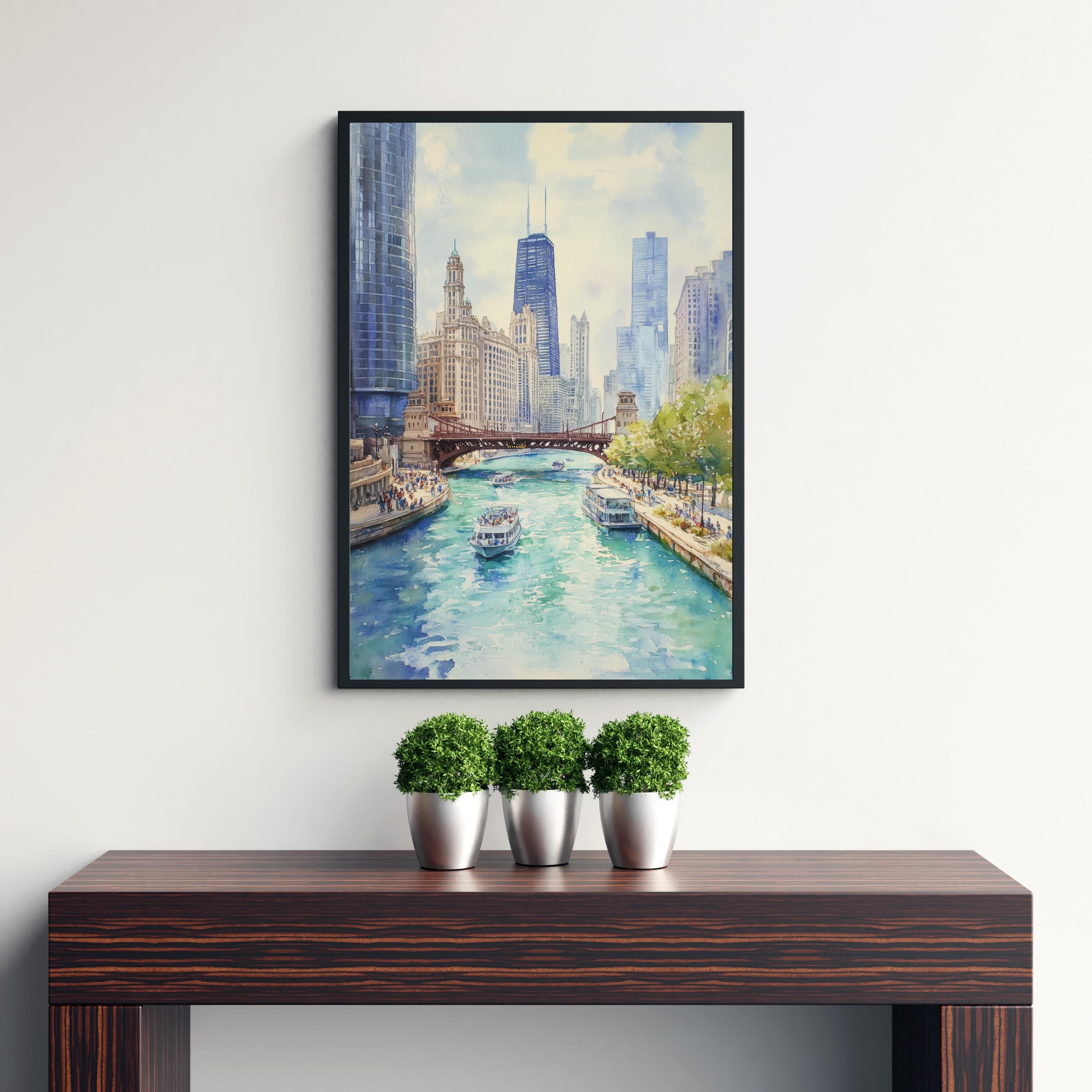Chicago Watercolor Painting Poster USA Wall Art City Skyline Landscape Print Gift for American Travel Lovers and Fans of Scenic Illinois