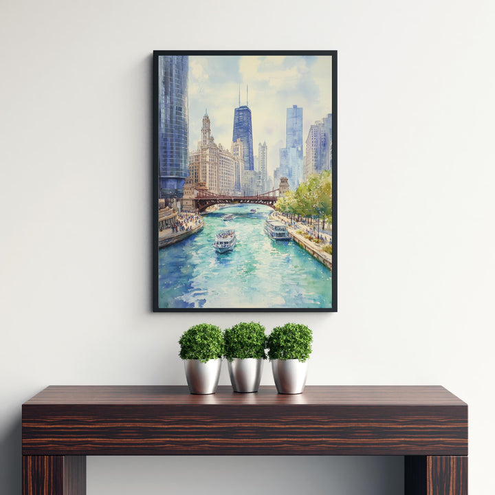 Chicago Watercolor Painting Poster USA Wall Art City Skyline Landscape Print Gift for American Travel Lovers and Fans of Scenic Illinois