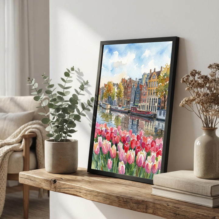 Amsterdam Watercolour Painting Poster Netherlands Wall Art City Canal Houses Print Gift for Europe Travel Lovers and Fans of Scenic