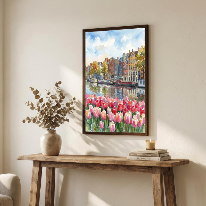 Amsterdam Watercolour Painting Poster Netherlands Wall Art City Canal Houses Print Gift for Europe Travel Lovers and Fans of Scenic