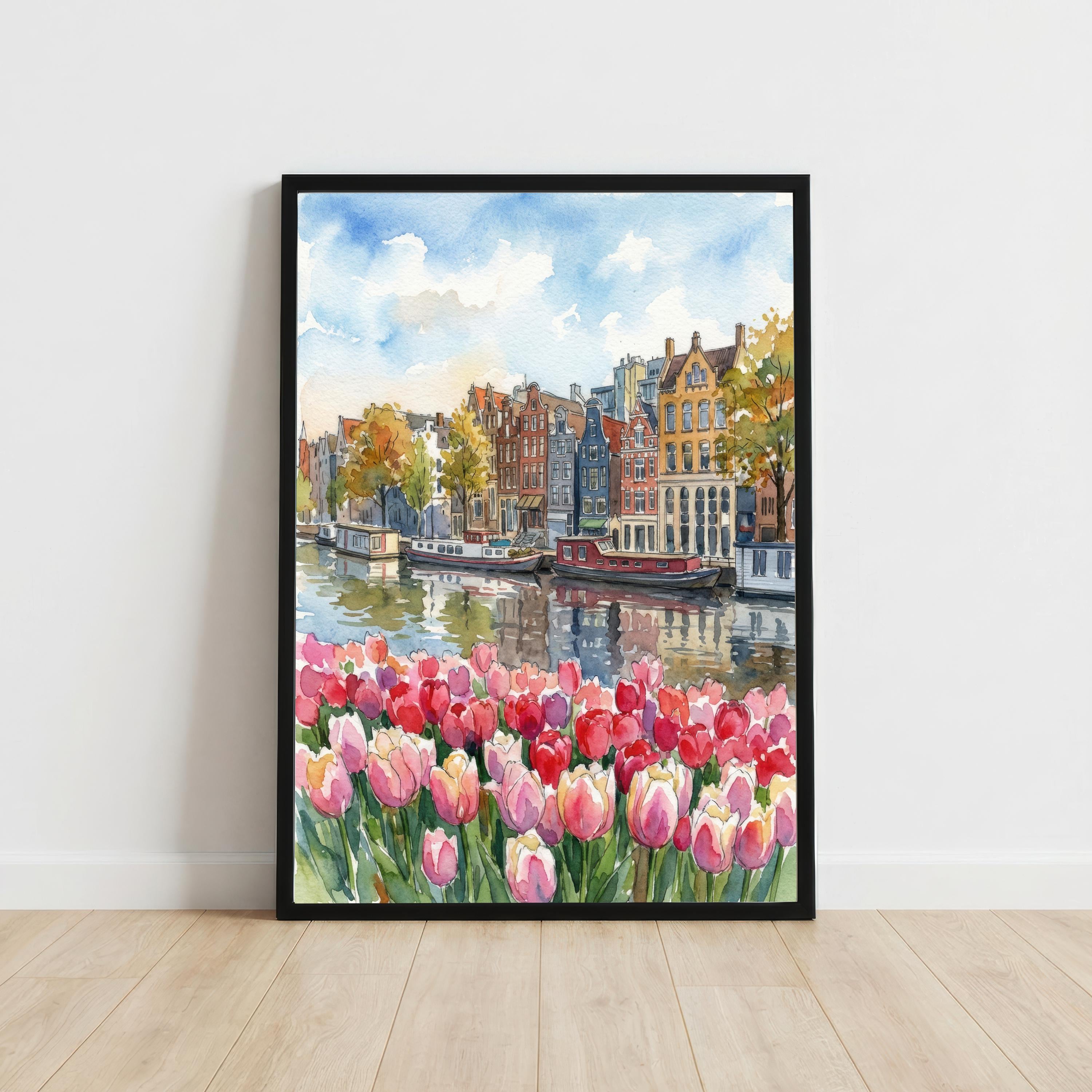 Amsterdam Canal Houses Watercolour Art Print, Netherlands Travel Poster