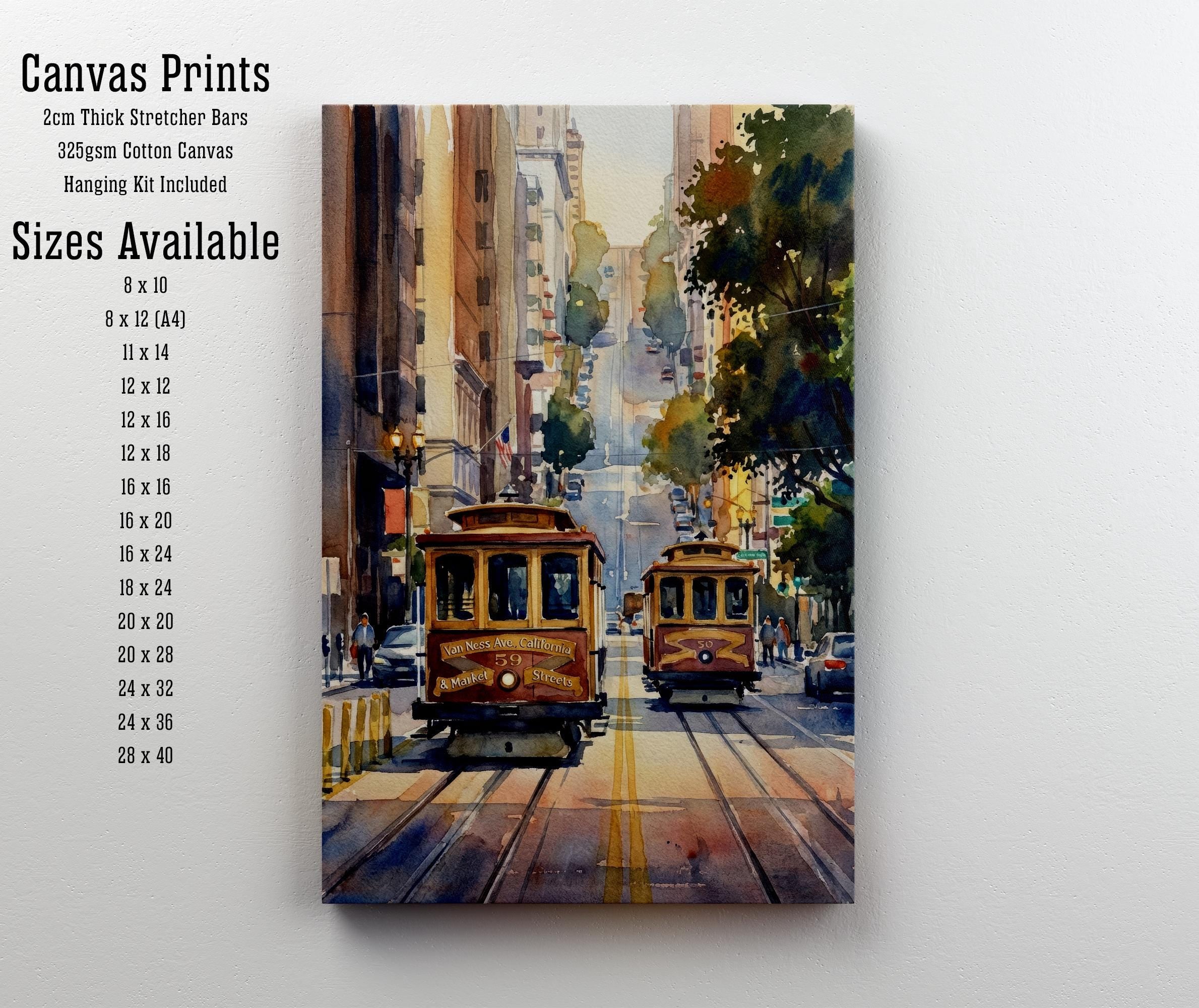 San Francisco Watercolor Print: City Skyline, Cable Cars, USA Wall Art