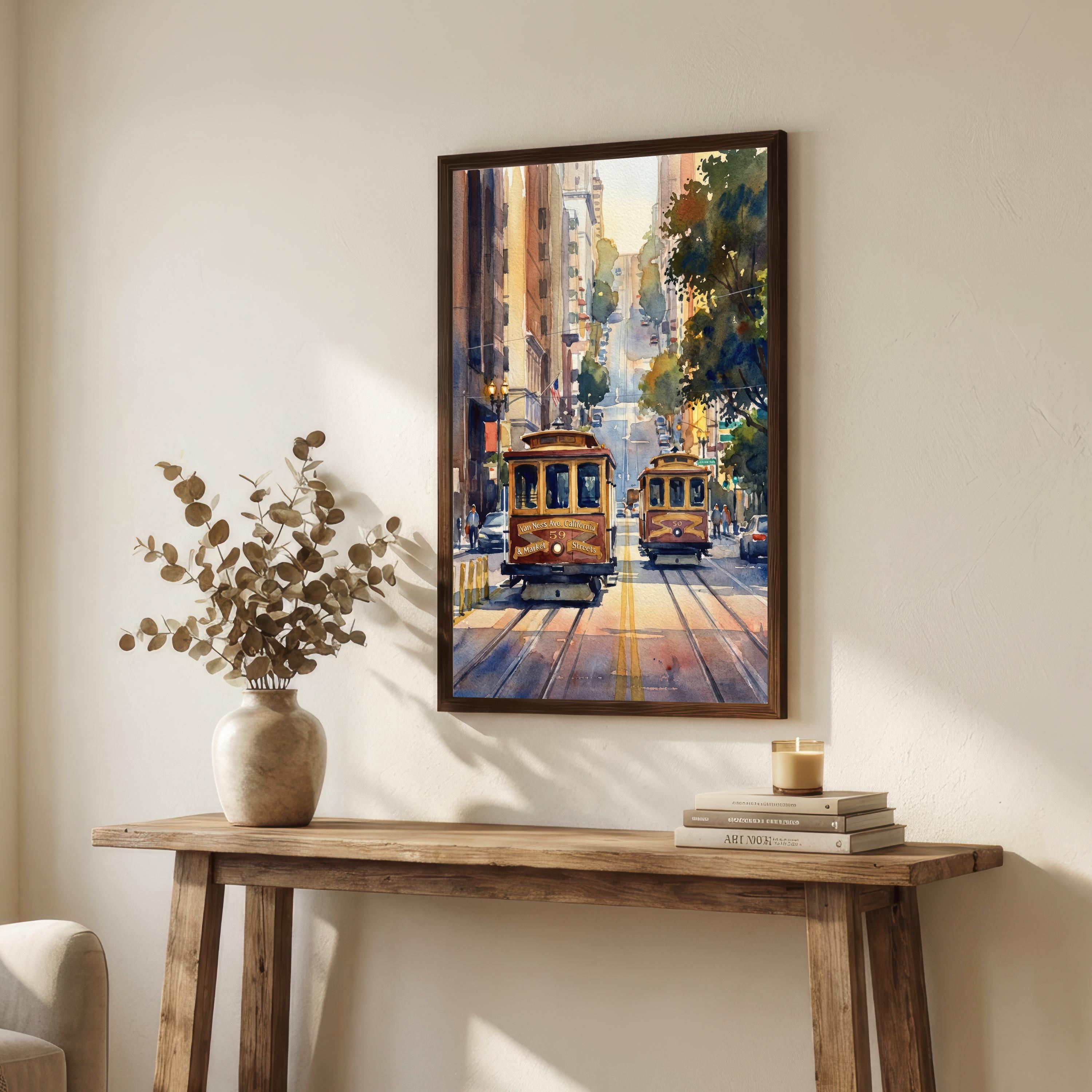San Francisco Watercolor Print: City Skyline, Cable Cars, USA Wall Art