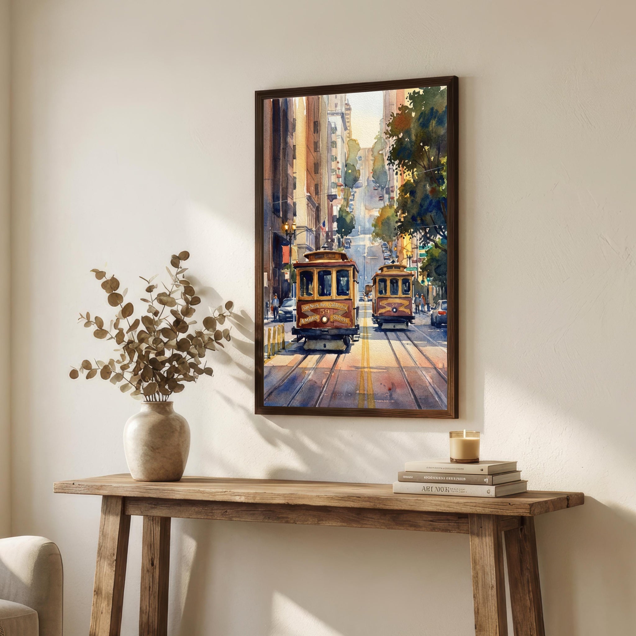 San Francisco Watercolor Print: City Skyline, Cable Cars, USA Wall Art