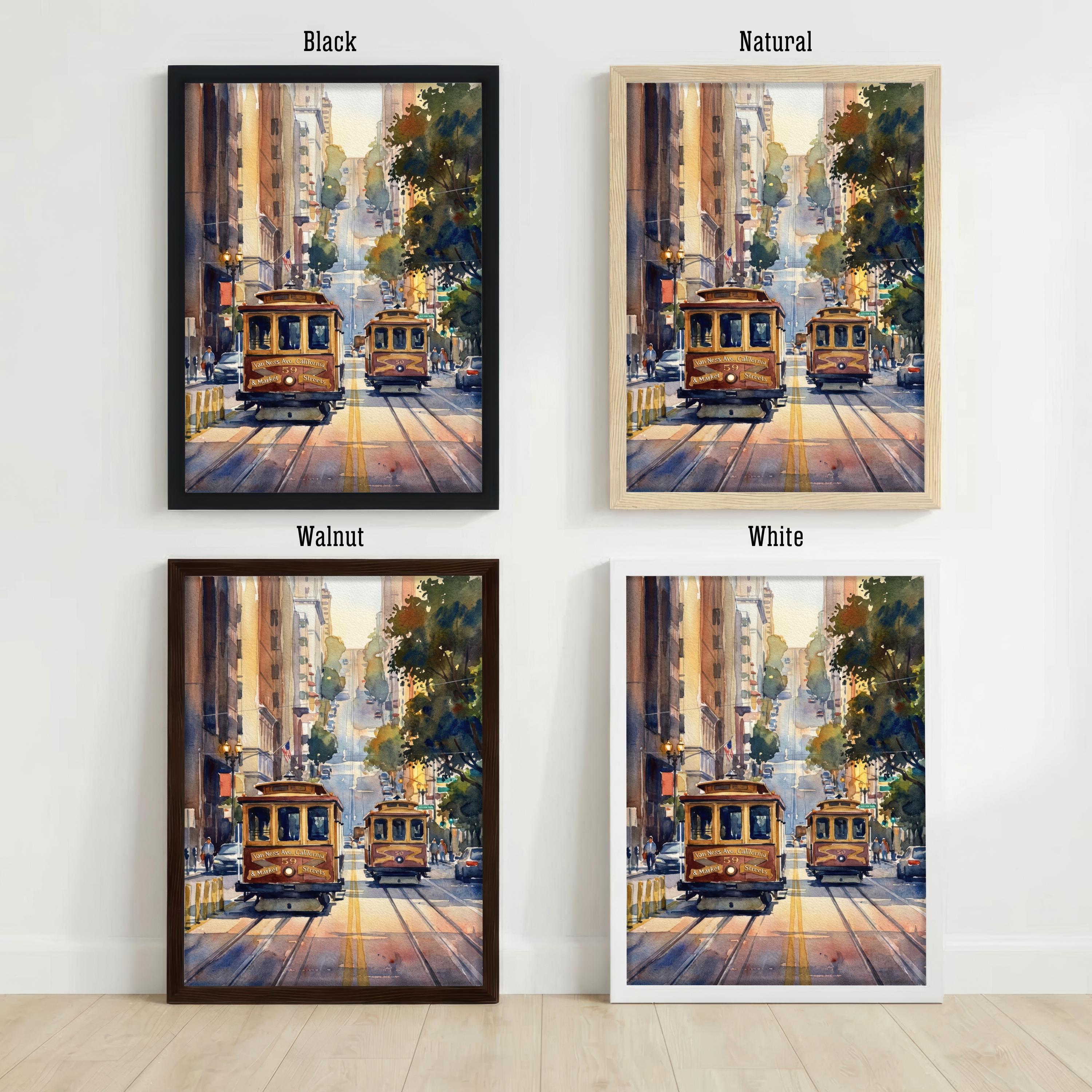 San Francisco Watercolor Print: City Skyline, Cable Cars, USA Wall Art