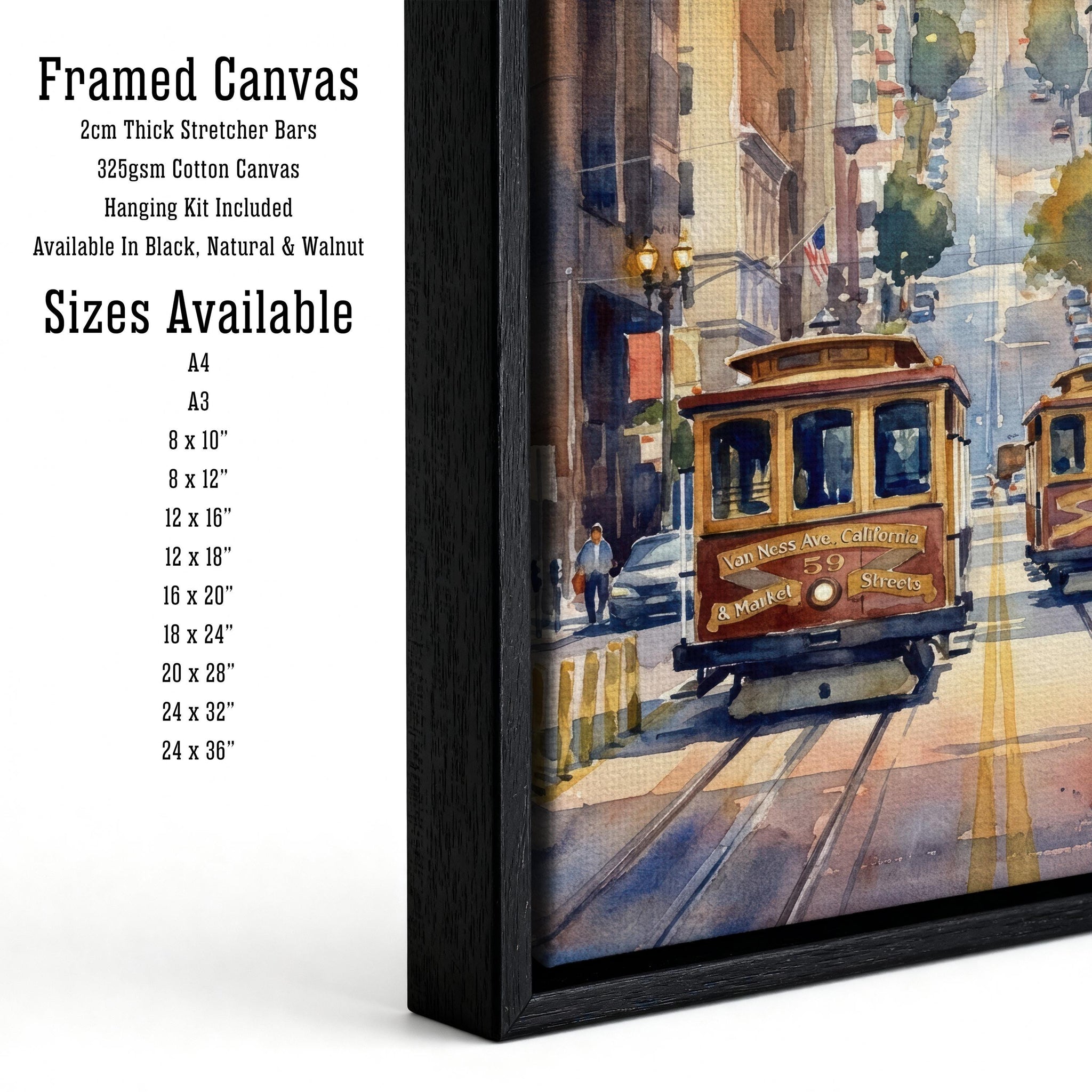 San Francisco Watercolor Print: City Skyline, Cable Cars, USA Wall Art