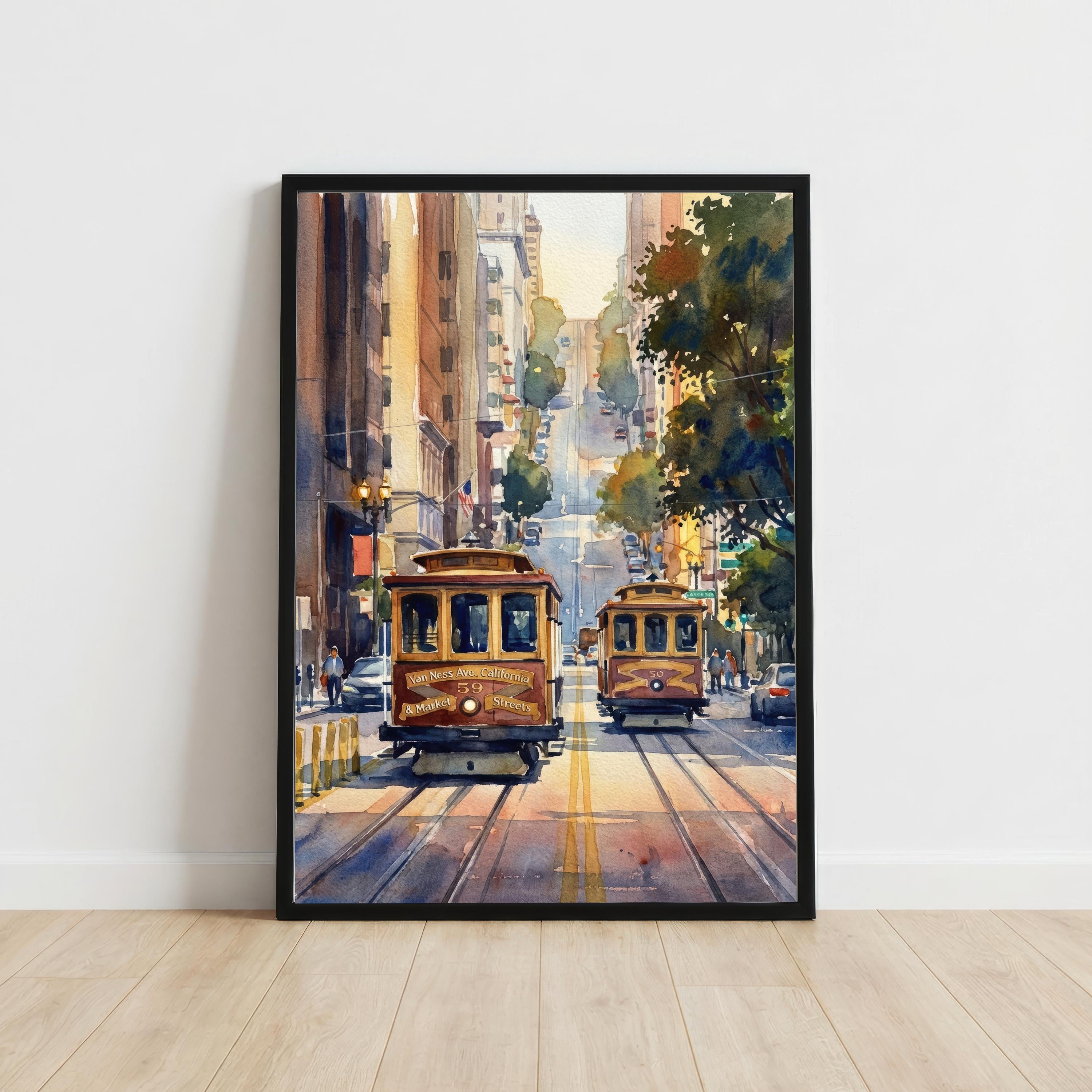 San Francisco Watercolor Print: City Skyline, Cable Cars, USA Wall Art