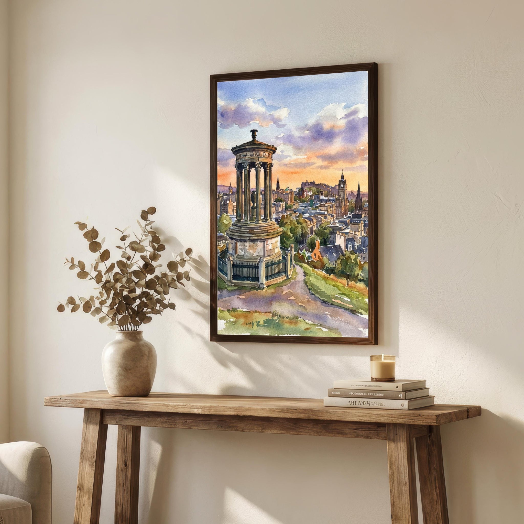 Edinburgh Watercolor Painting Poster Scotland Wall Art City Skyline Landscape Print Gift for UK Travel Lovers and Fans of Scenic Scottish