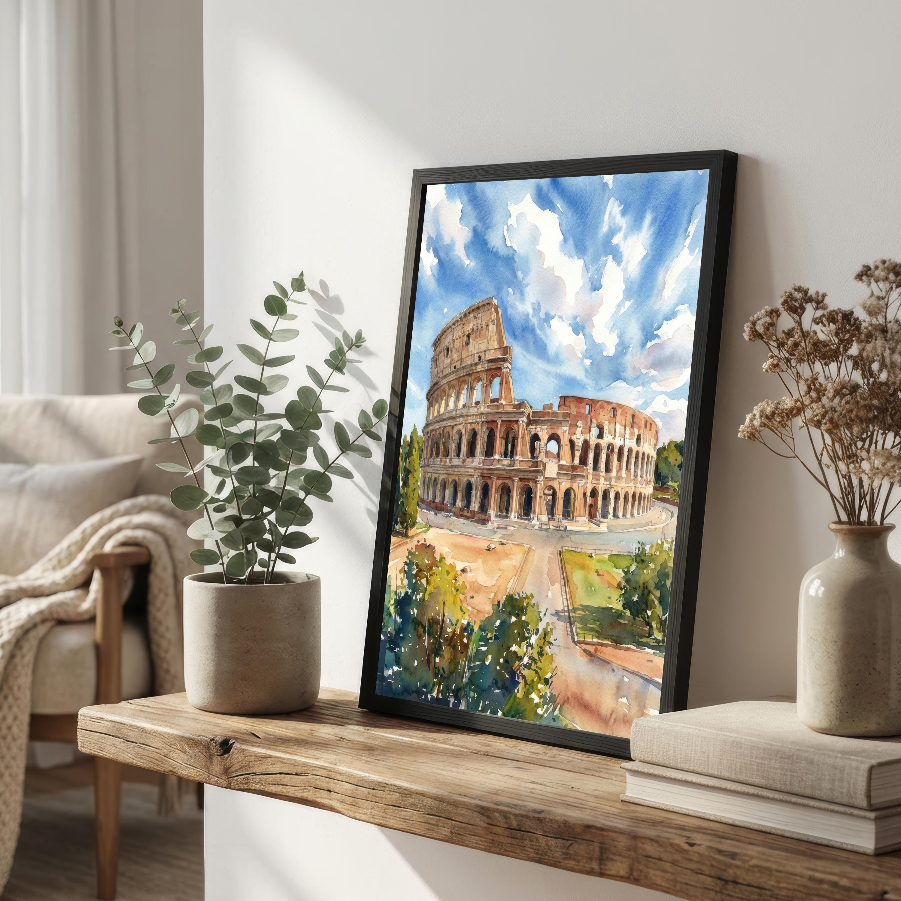 Rome Colosseum Watercolor Print, Italy Landmark Art