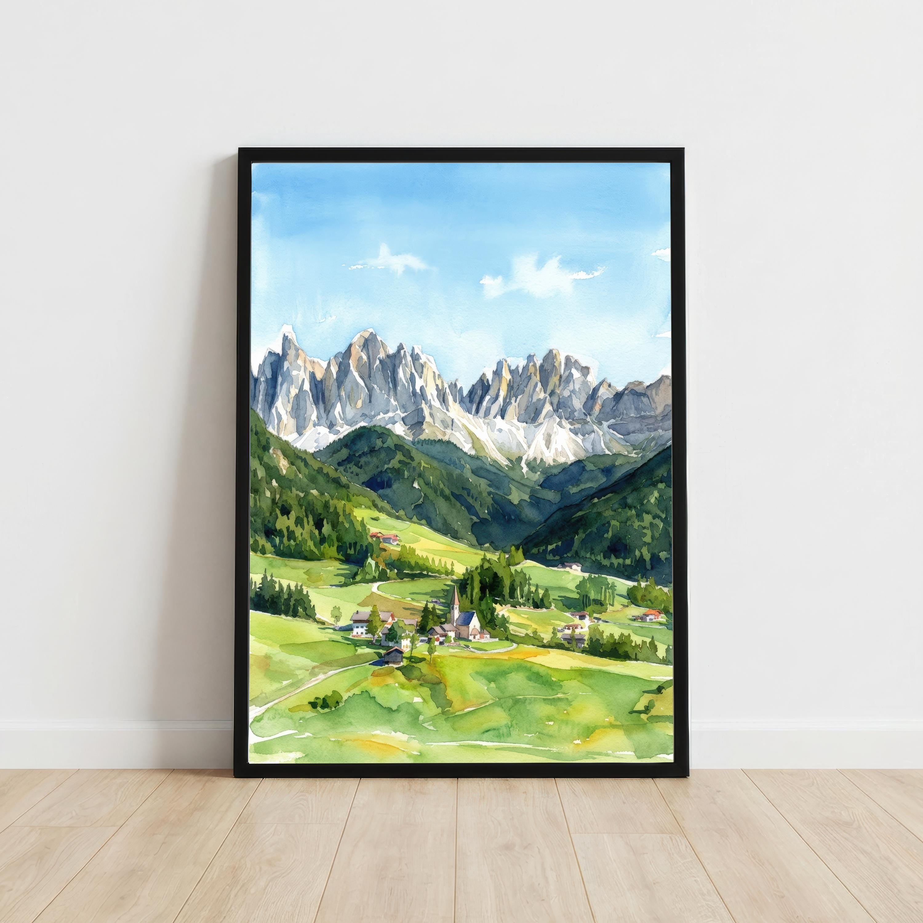 Dolomites Watercolor Painting Poster Italy Wall Art Mountain Landscape Print Gift for Europe Travel Lovers and Fans of Scenic Italian Alpine