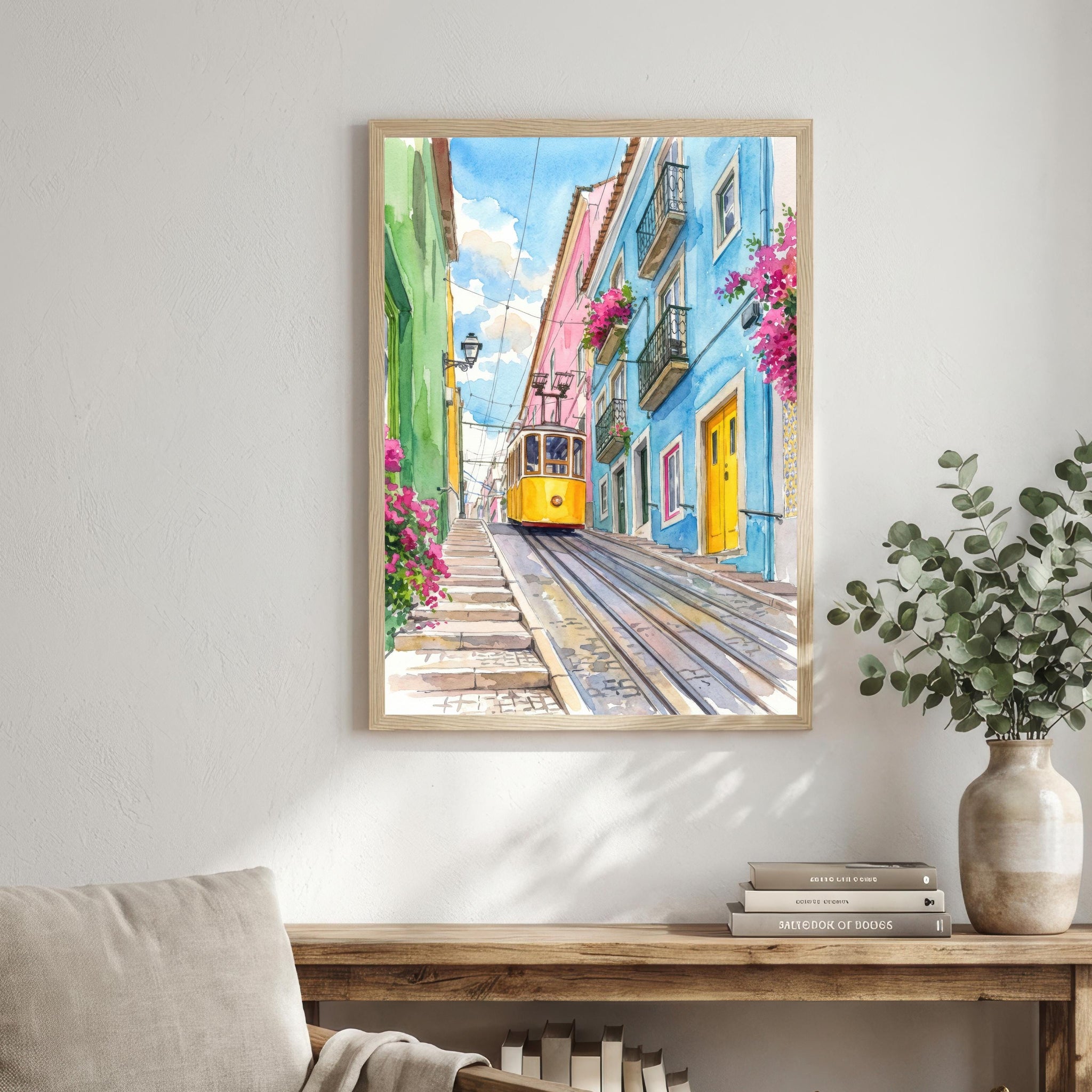Lisbon Portugal Watercolor Art Print: Cityscape, Iconic Tram
