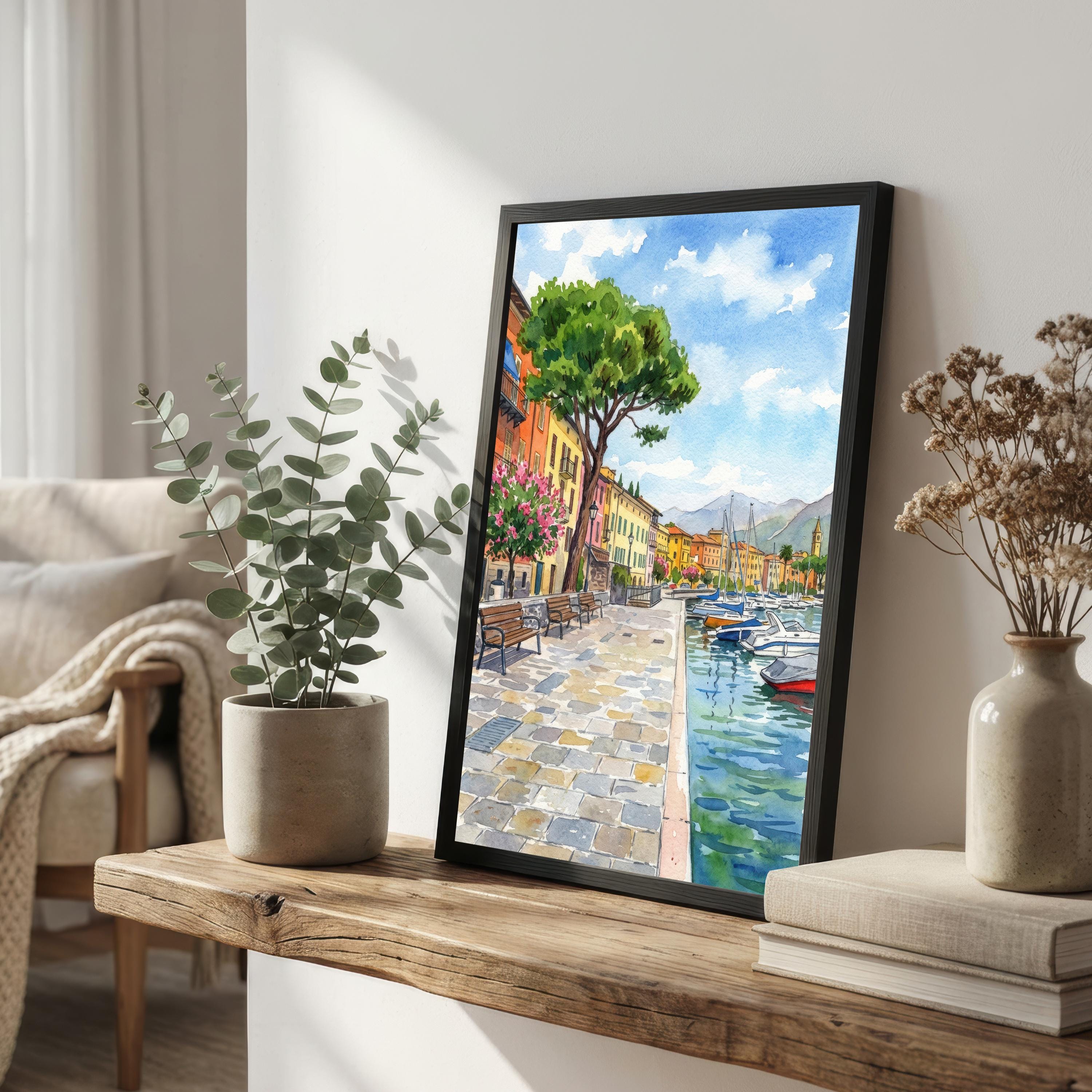 Lake Garda Watercolor Print, Italy Coastal Art