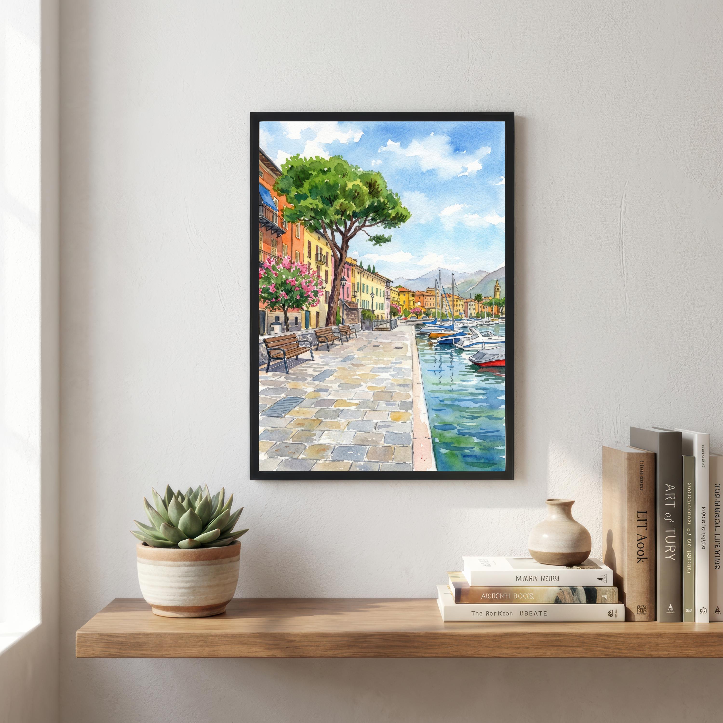 Lake Garda Watercolor Print, Italy Coastal Art