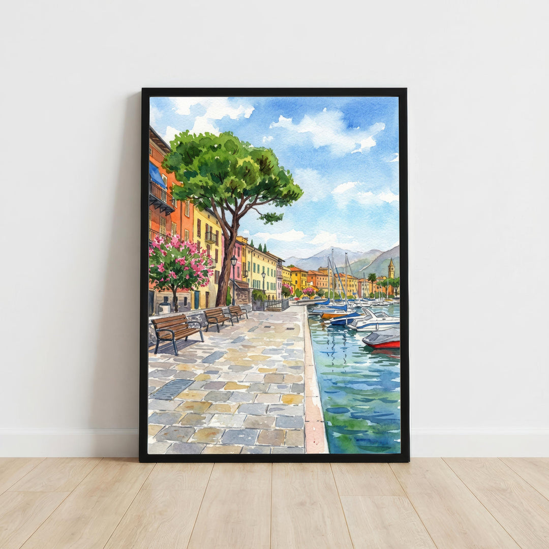 Lake Garda Watercolor Painting Poster Italy Wall Art Coastal Landscape Print Gift for Europe Travel Lovers and Fans of Scenic Italian