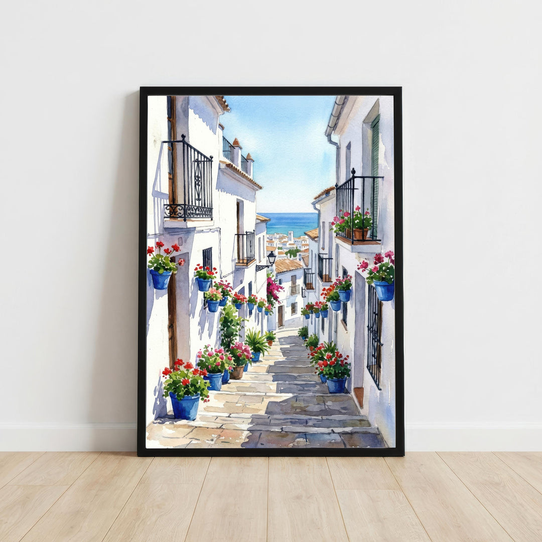 Mijas Watercolour Painting Poster Spain Wall Art Village Landscape Print Gift for Europe Travel Lovers and Fans of Scenic Andalusian