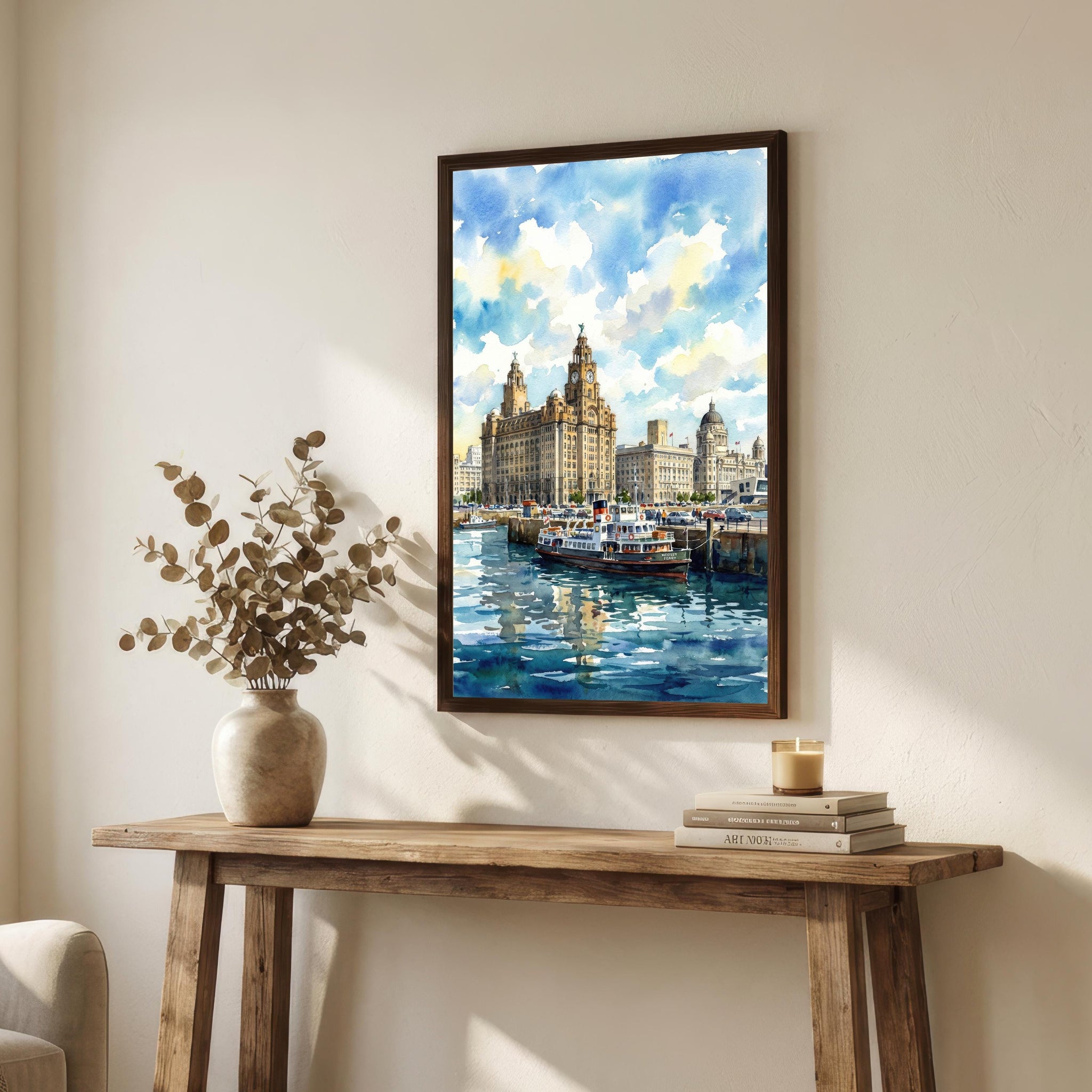 Liverpool Watercolour Painting Poster England Wall Art City Skyline Landscape Print Gift for UK Travel Lovers and Fans of Scenic British