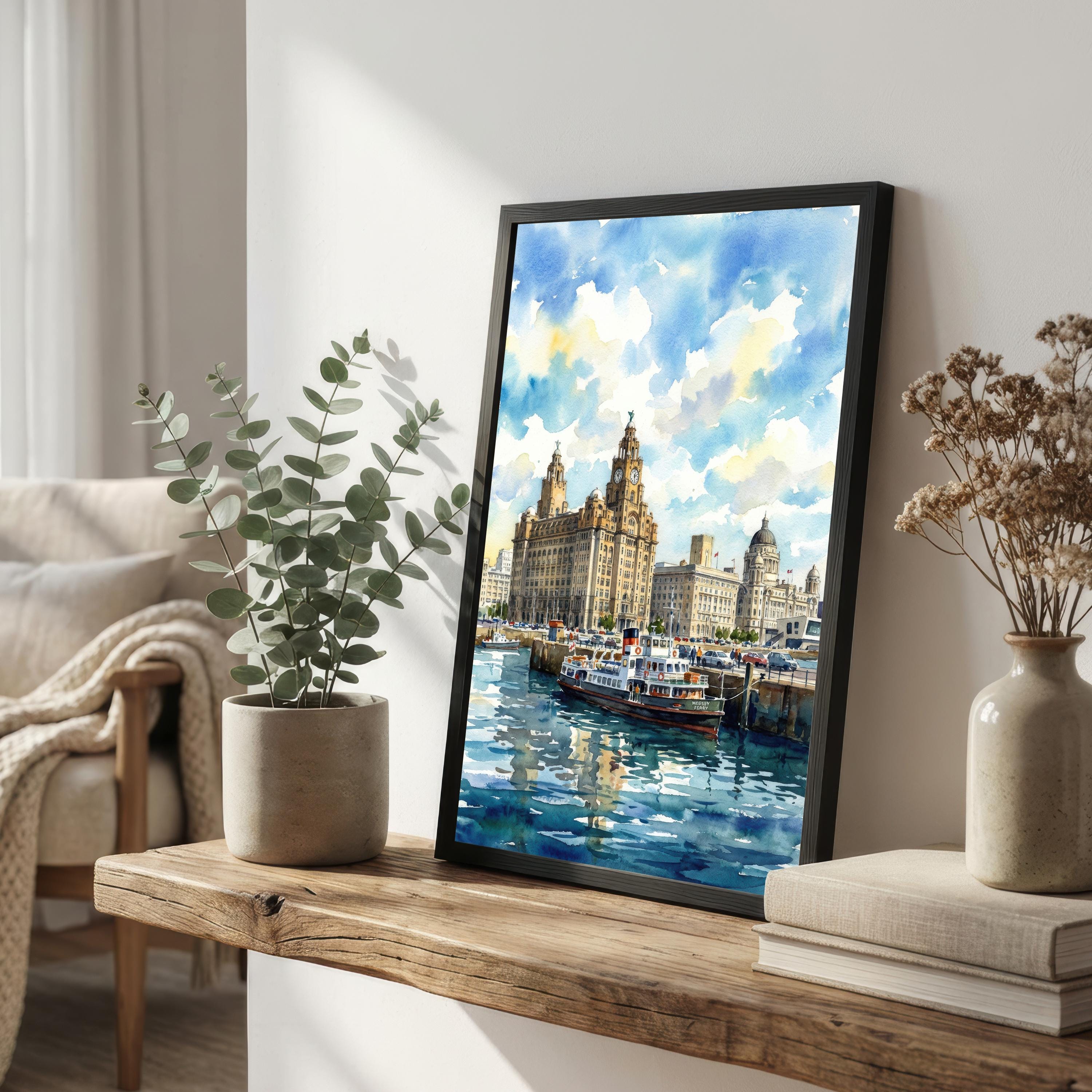 Liverpool Watercolour Painting Poster England Wall Art City Skyline Landscape Print Gift for UK Travel Lovers and Fans of Scenic British