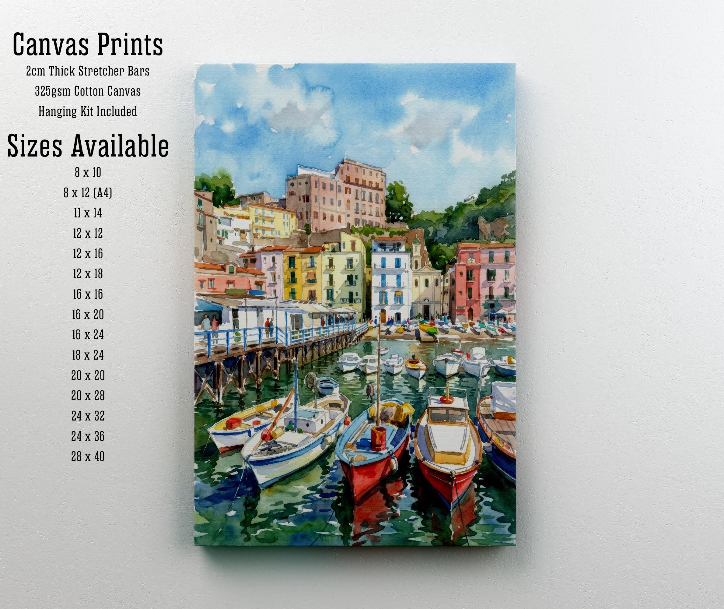 Sorrento Watercolour Painting Poster Italy Wall Art Coastal Landscape Print Gift for Europe Travel Lovers and Fans of Scenic Italian Seaside