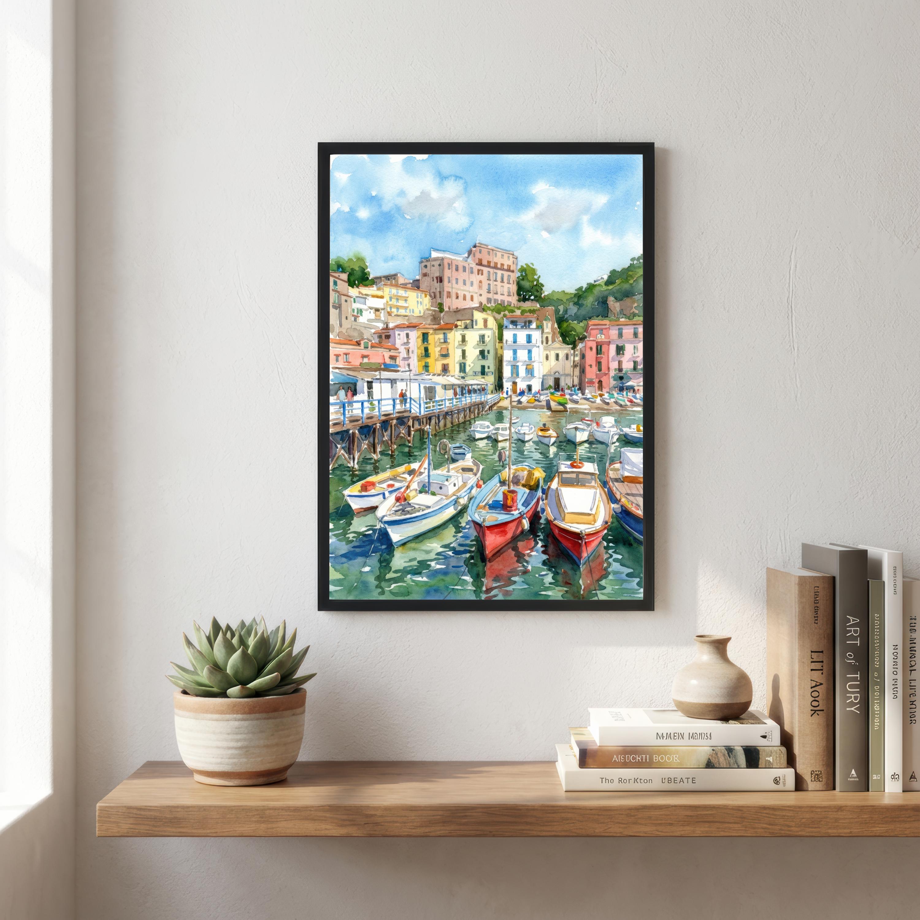 Sorrento Watercolour Painting Poster Italy Wall Art Coastal Landscape Print Gift for Europe Travel Lovers and Fans of Scenic Italian Seaside