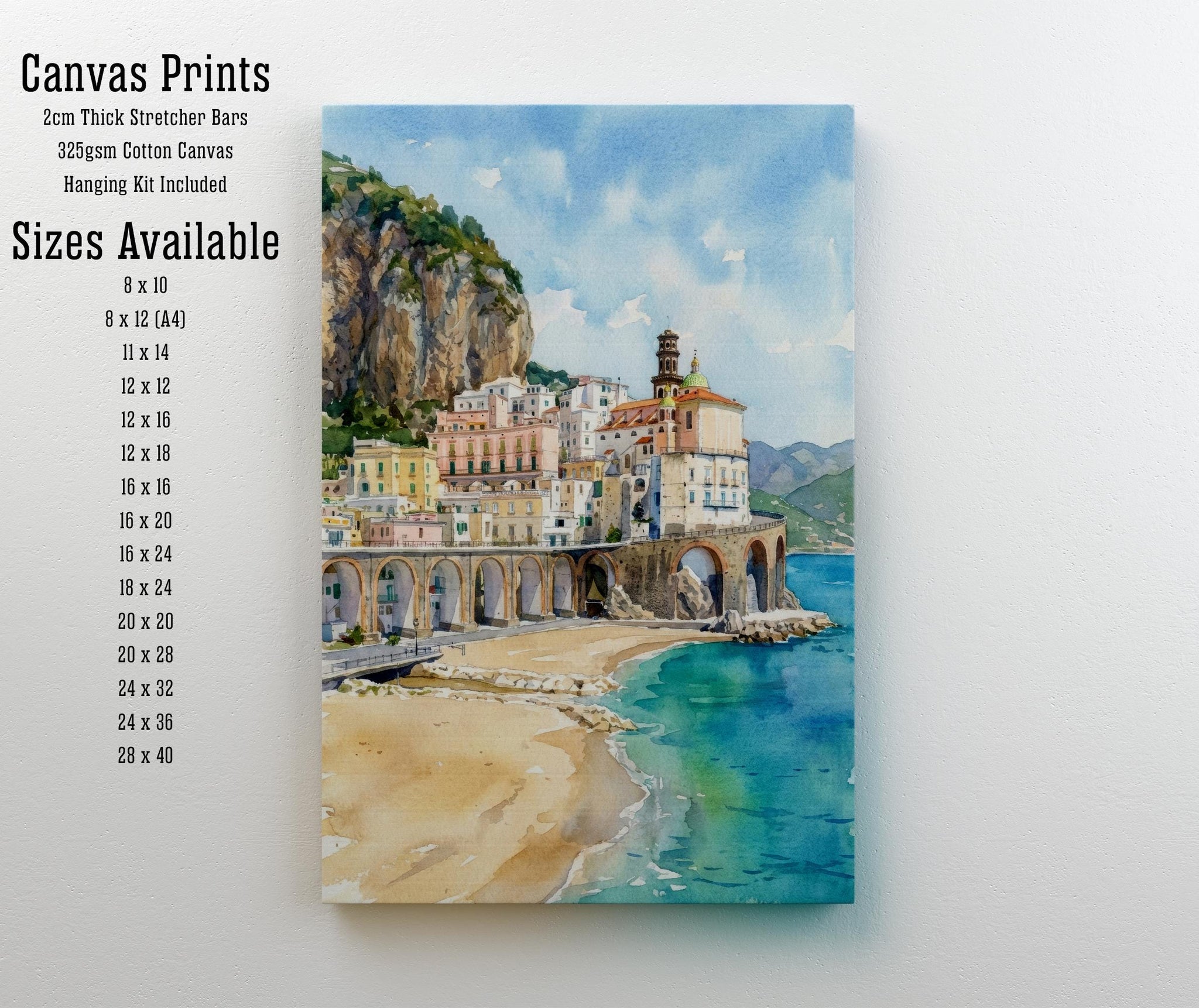 Sorrento Watercolor Painting Poster Italy Wall Art Coastal Landscape Print Gift for Europe Travel Lovers and Fans of Scenic Italian Seaside