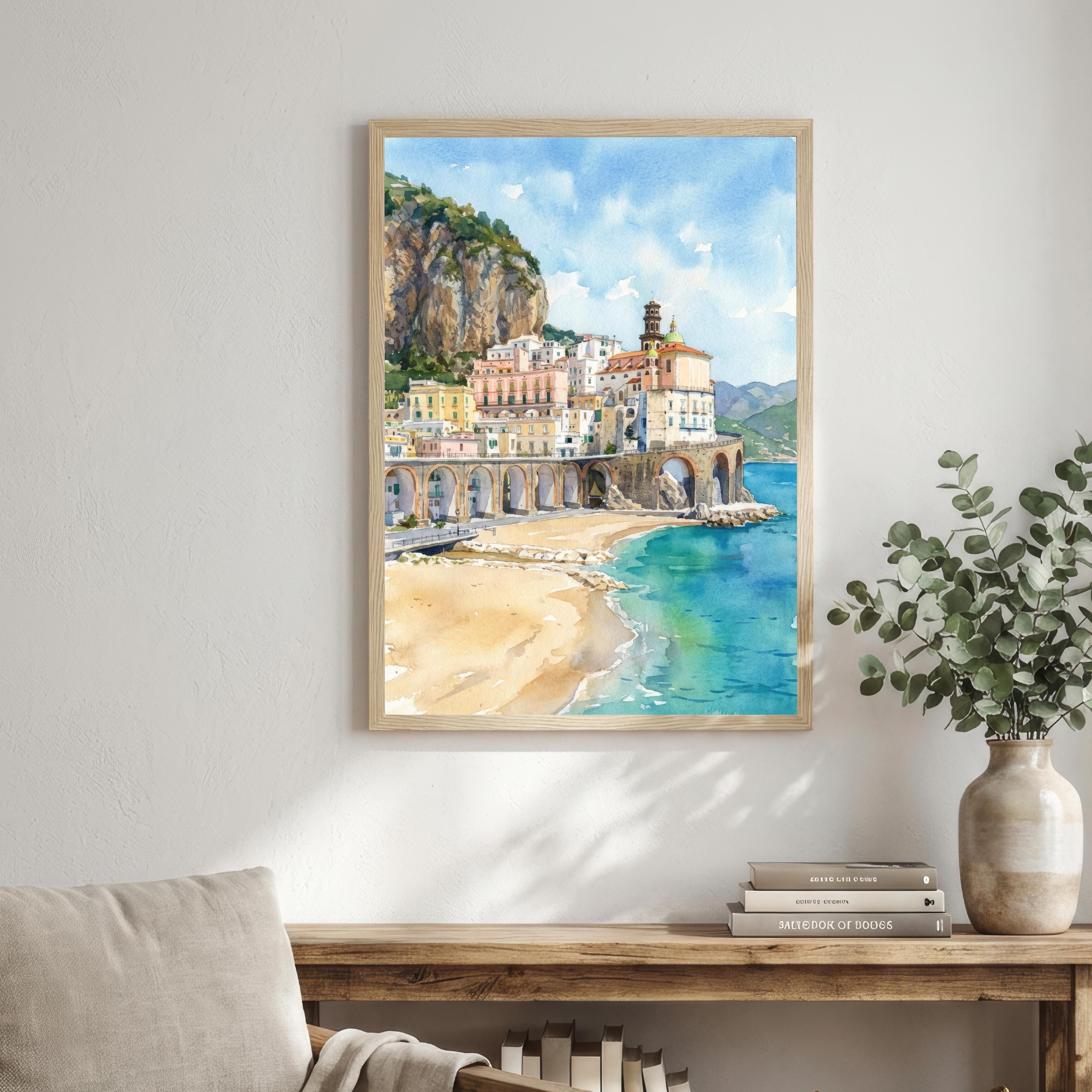 Sorrento Watercolor Painting Poster Italy Wall Art Coastal Landscape Print Gift for Europe Travel Lovers and Fans of Scenic Italian Seaside