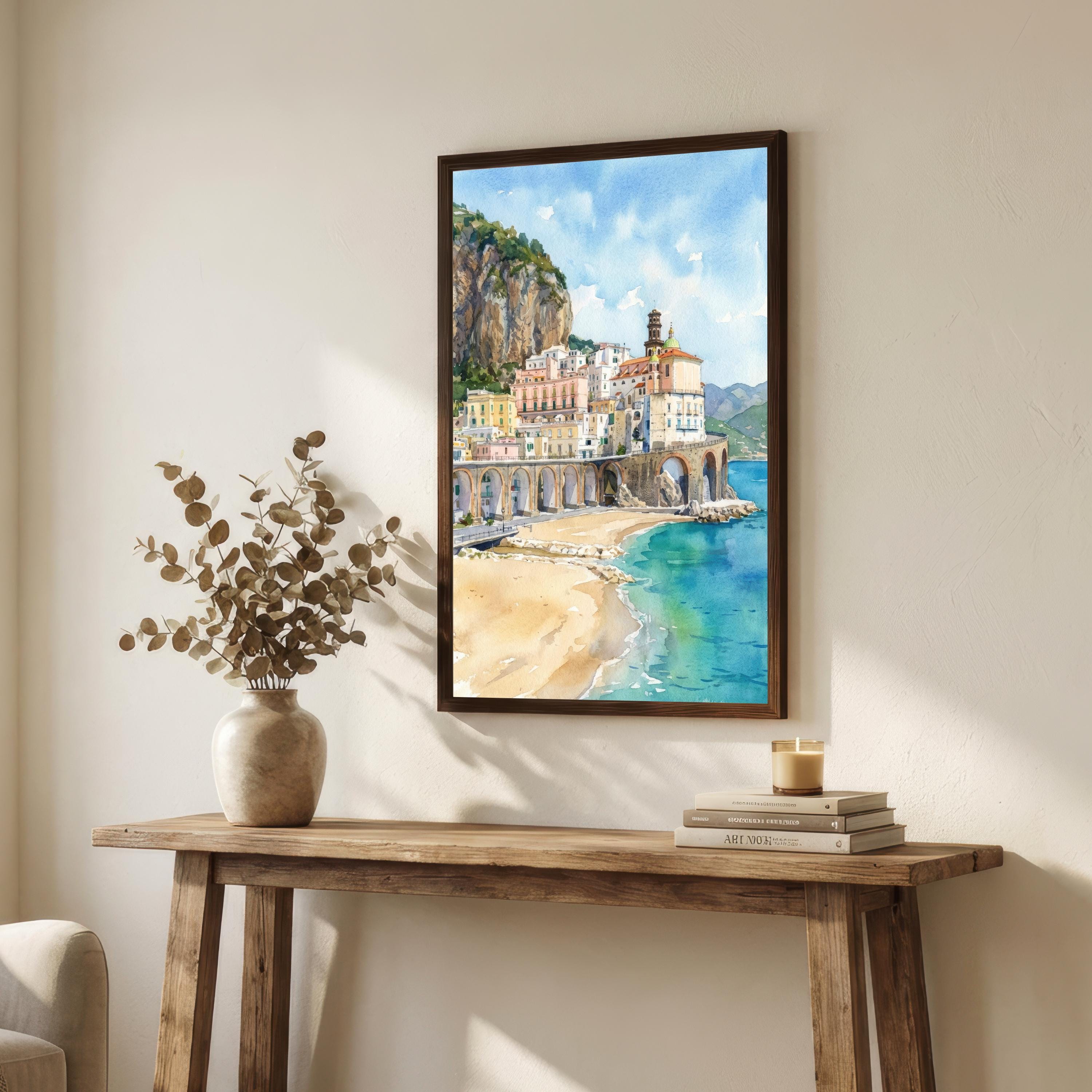 Sorrento Watercolor Painting Poster Italy Wall Art Coastal Landscape Print Gift for Europe Travel Lovers and Fans of Scenic Italian Seaside