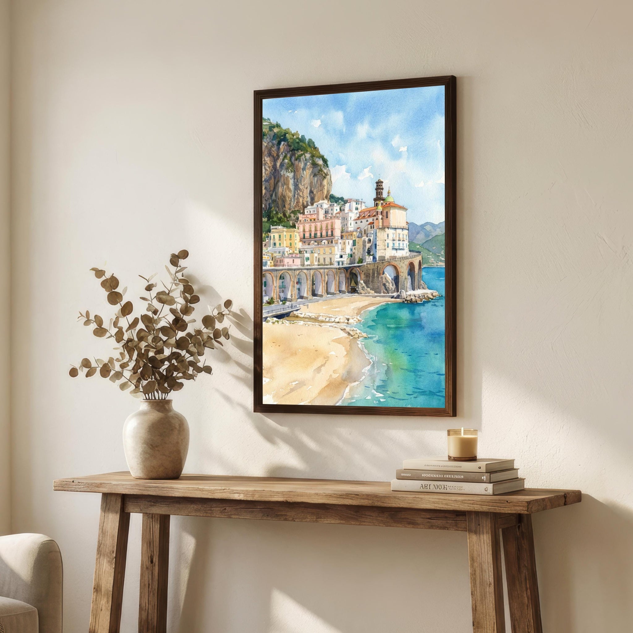 Sorrento Watercolor Painting Poster Italy Wall Art Coastal Landscape Print Gift for Europe Travel Lovers and Fans of Scenic Italian Seaside