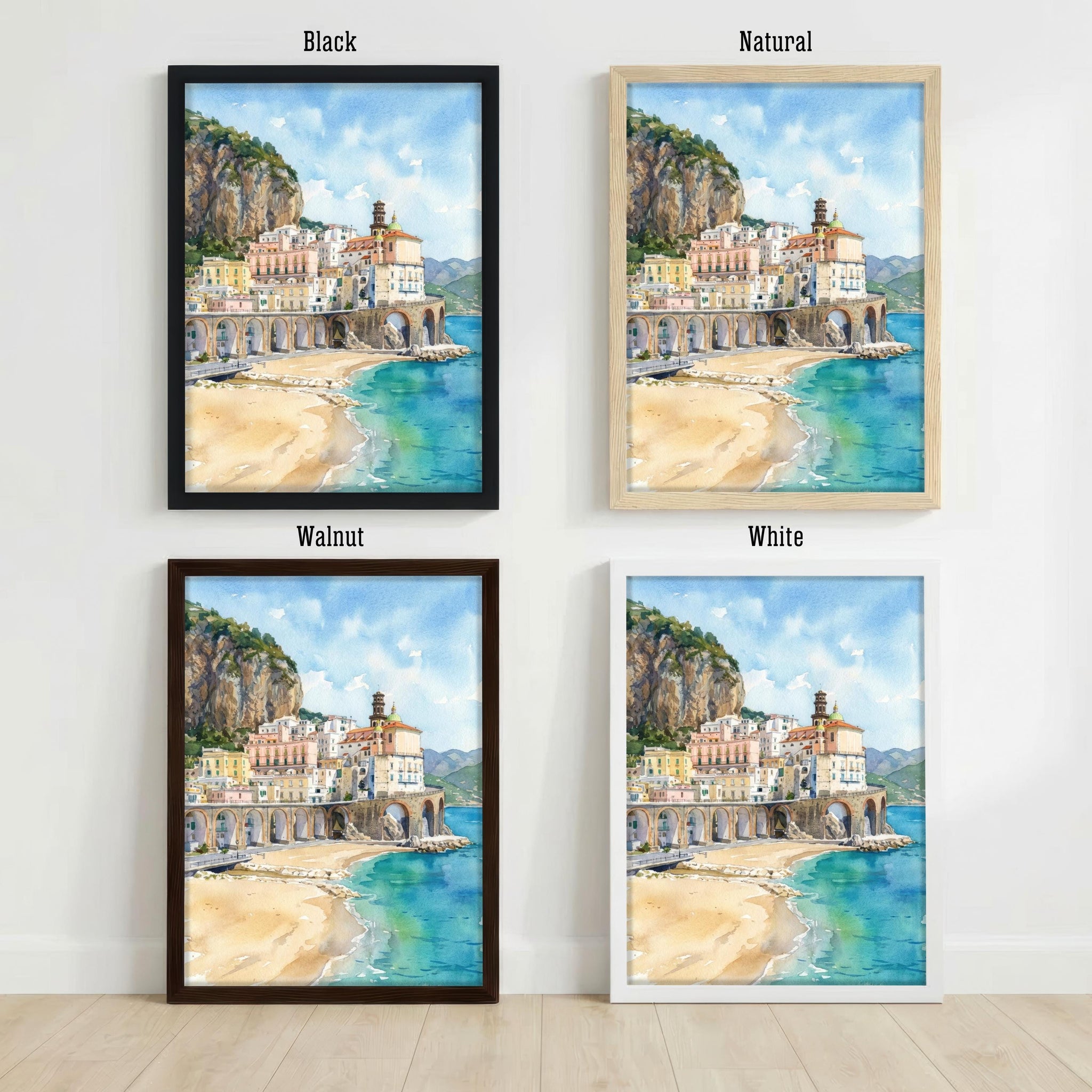 Sorrento Watercolor Painting Poster Italy Wall Art Coastal Landscape Print Gift for Europe Travel Lovers and Fans of Scenic Italian Seaside