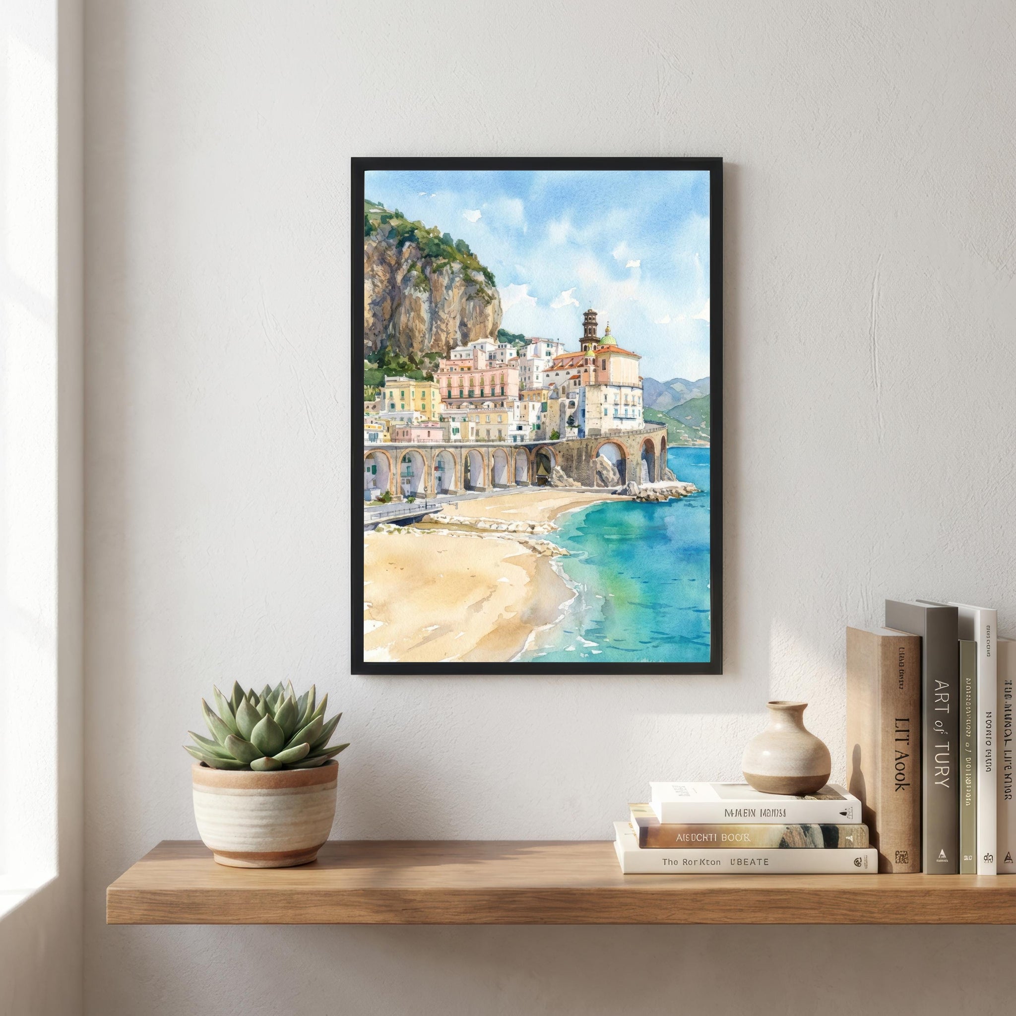 Sorrento Watercolor Painting Poster Italy Wall Art Coastal Landscape Print Gift for Europe Travel Lovers and Fans of Scenic Italian Seaside