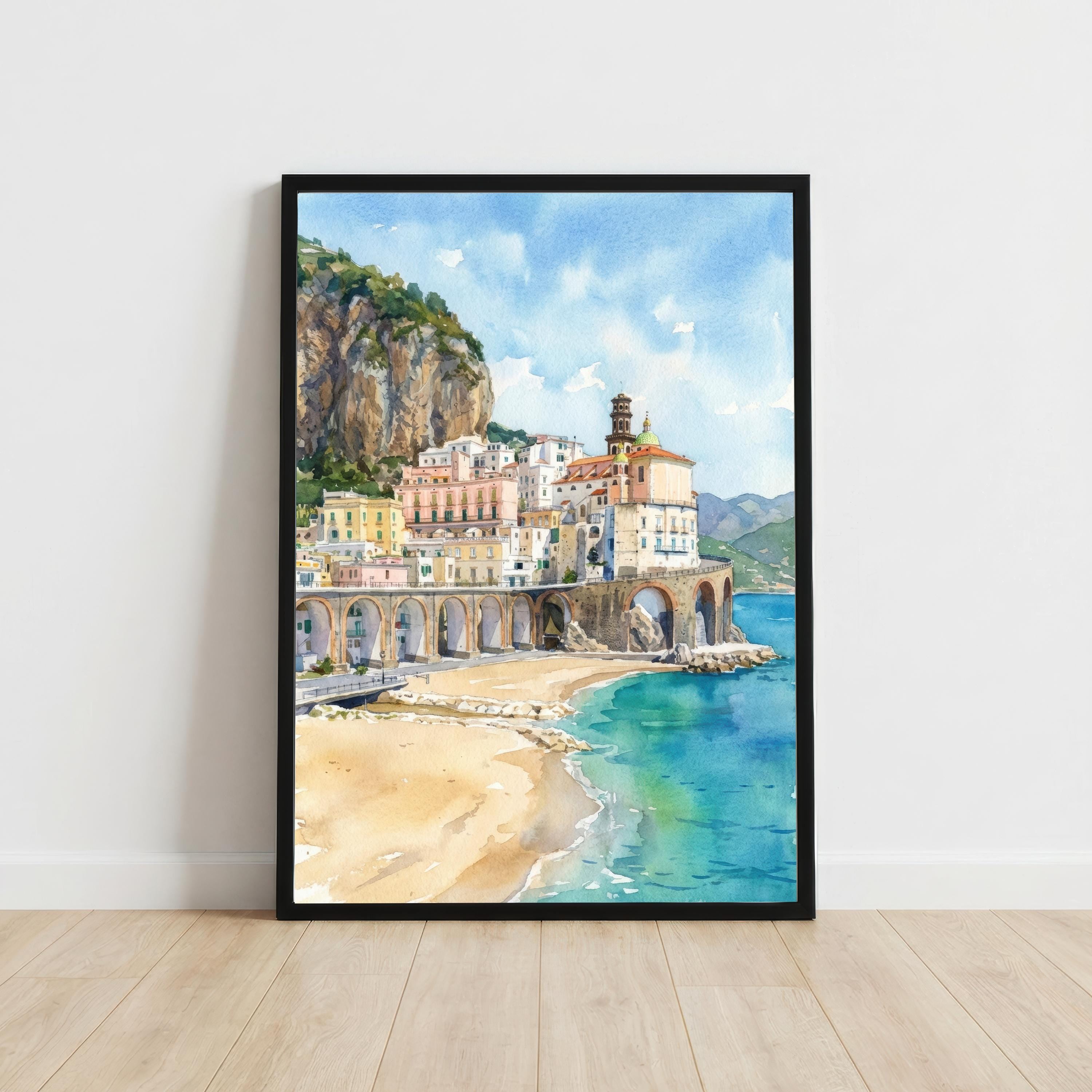 Sorrento Watercolor Painting Poster Italy Wall Art Coastal Landscape Print Gift for Europe Travel Lovers and Fans of Scenic Italian Seaside