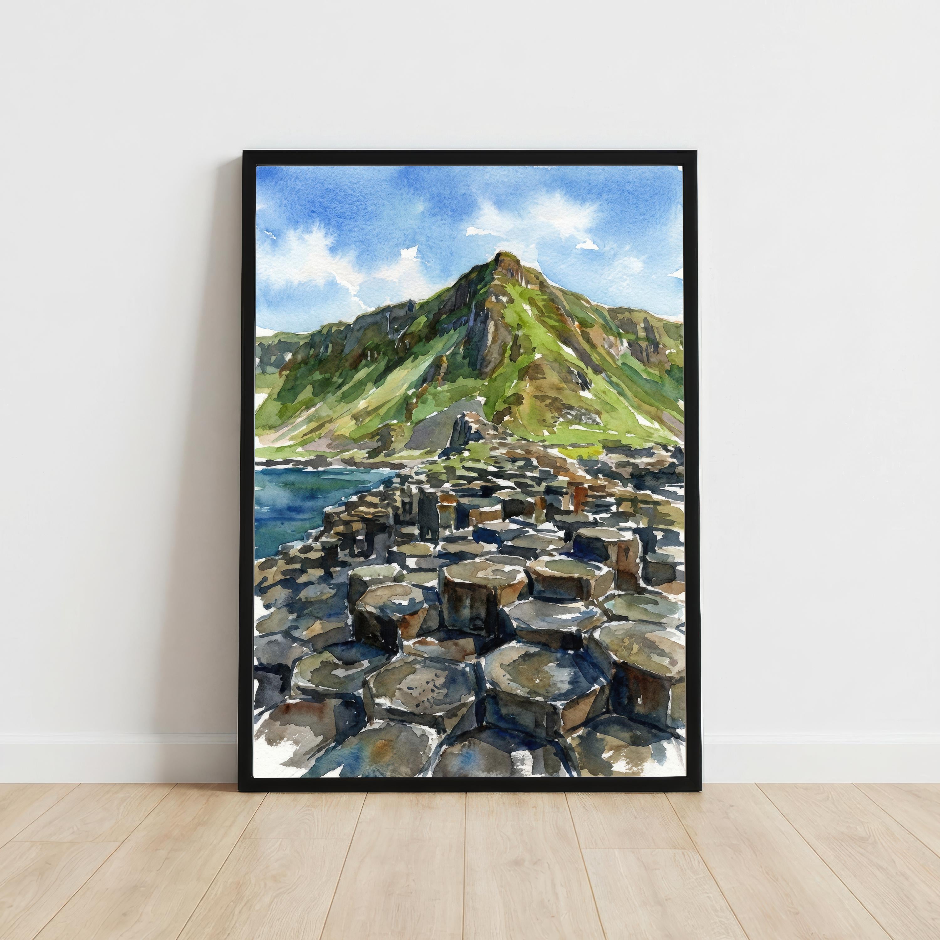Giants Causeway Watercolor Painting, Northern Ireland Coastal Art Print
