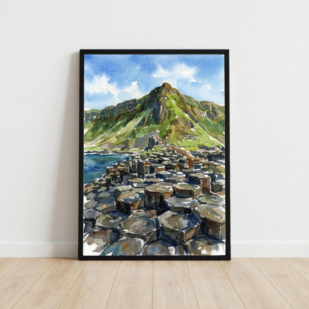 Giants Causeway Watercolour Painting Poster Northern Ireland Wall Art Coastal Landscape Print Gift for UK Travel Lovers and Fans of Scenic