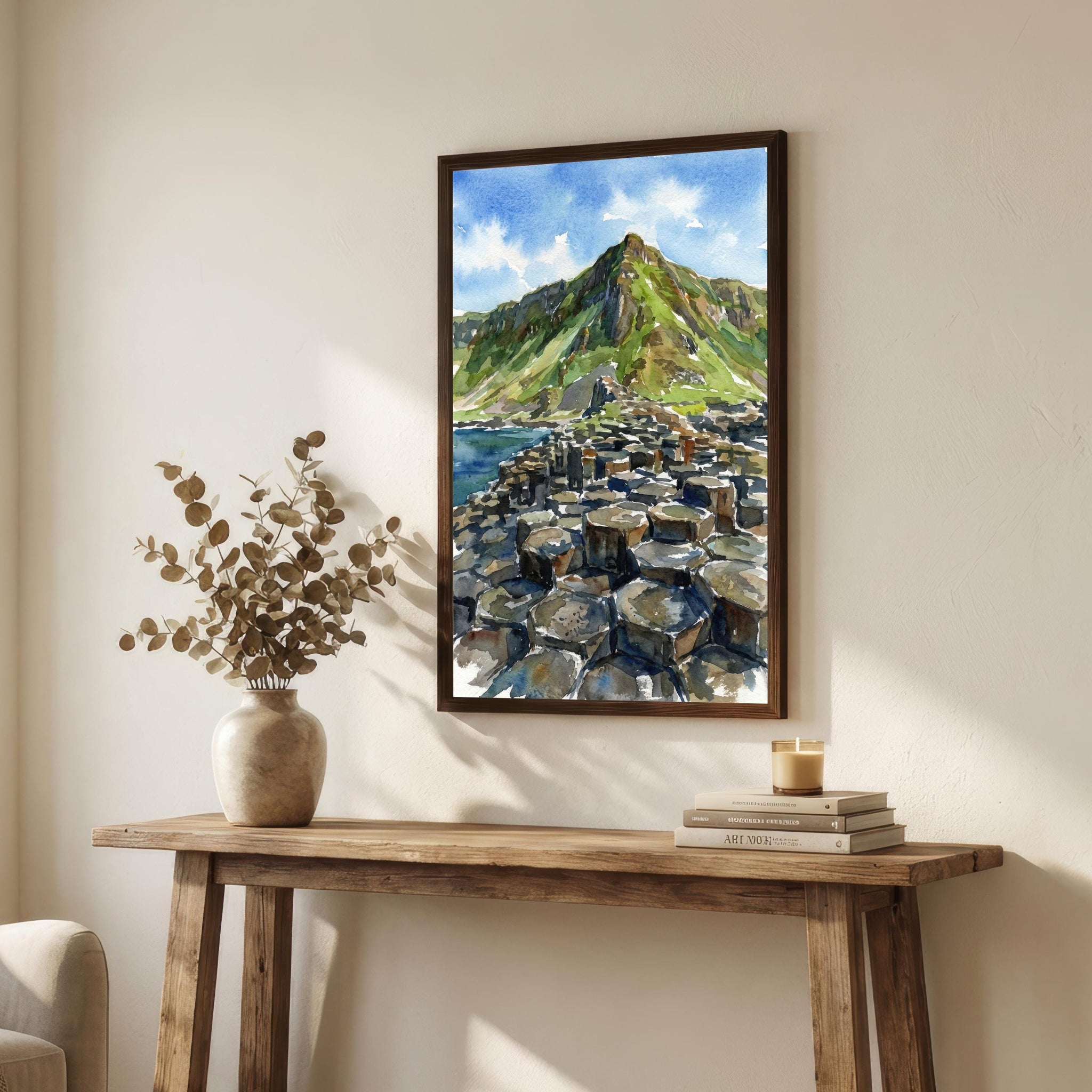 Giants Causeway Watercolor Painting, Northern Ireland Coastal Art Print
