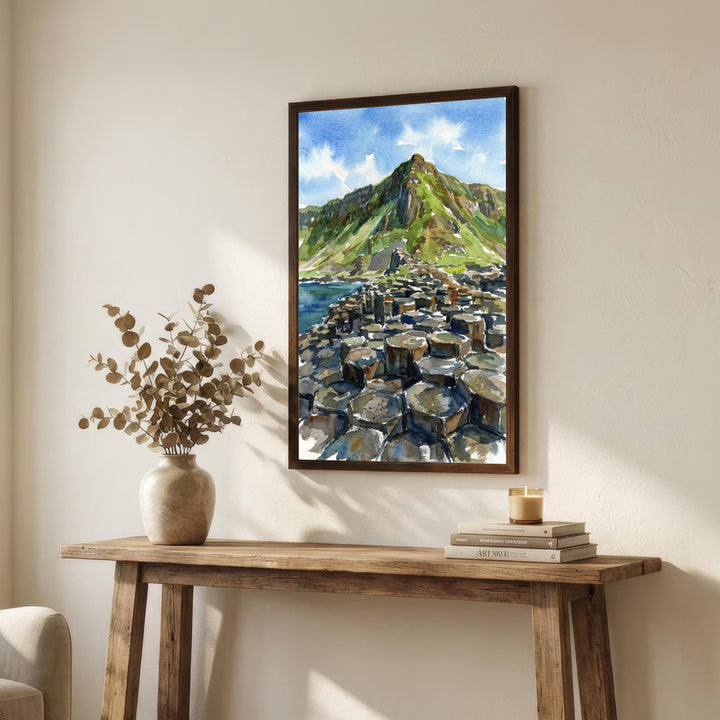 Giants Causeway Watercolour Painting Poster Northern Ireland Wall Art Coastal Landscape Print Gift for UK Travel Lovers and Fans of Scenic