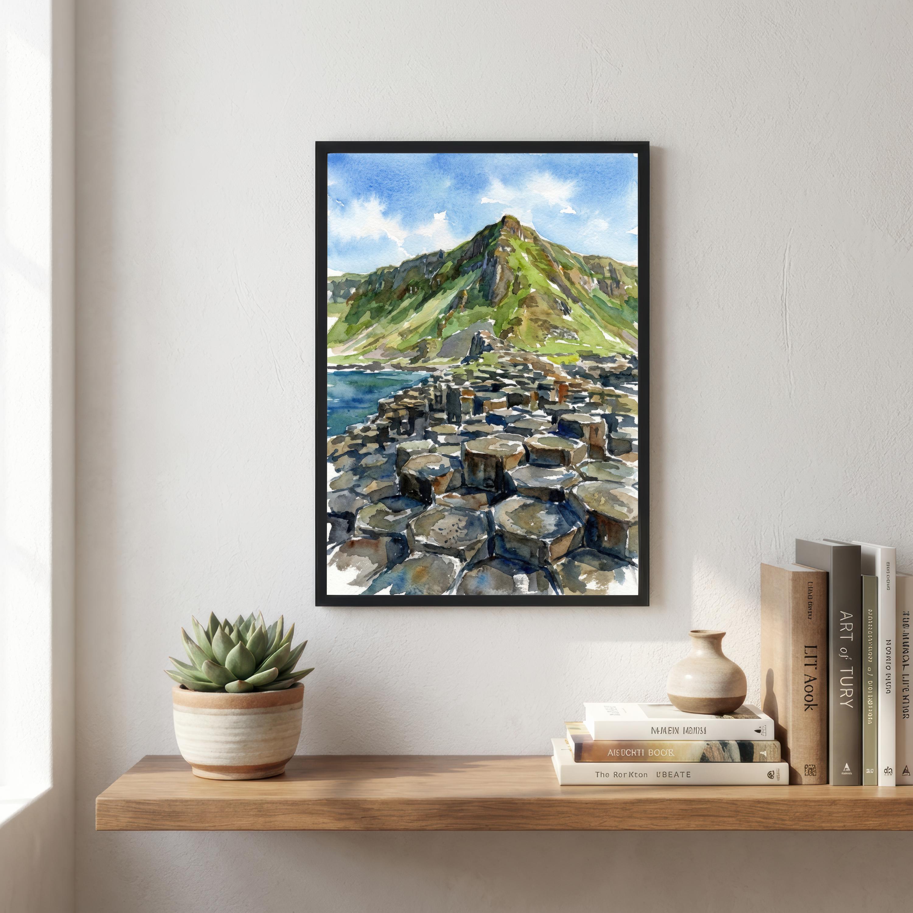 Giants Causeway Watercolor Painting, Northern Ireland Coastal Art Print