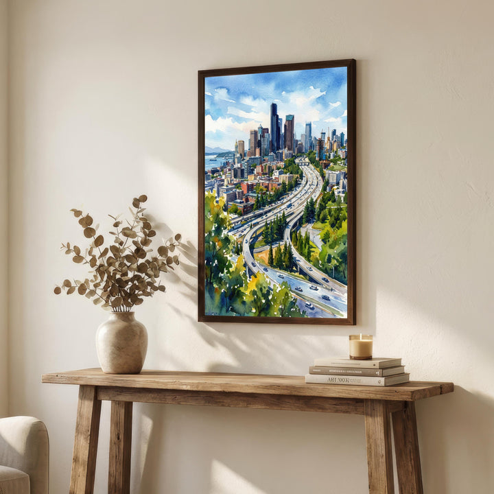 Seattle Watercolor Painting Poster USA Wall Art City Skyline Landscape Print Gift for American Travel Lovers and Fans of Scenic Pacific