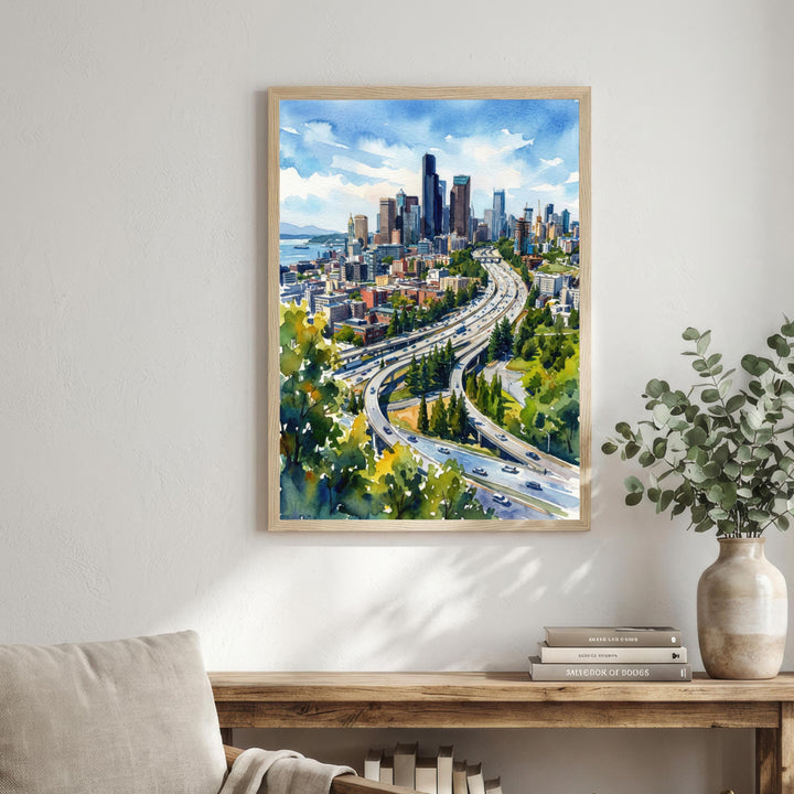 Seattle Watercolor Painting Poster USA Wall Art City Skyline Landscape Print Gift for American Travel Lovers and Fans of Scenic Pacific