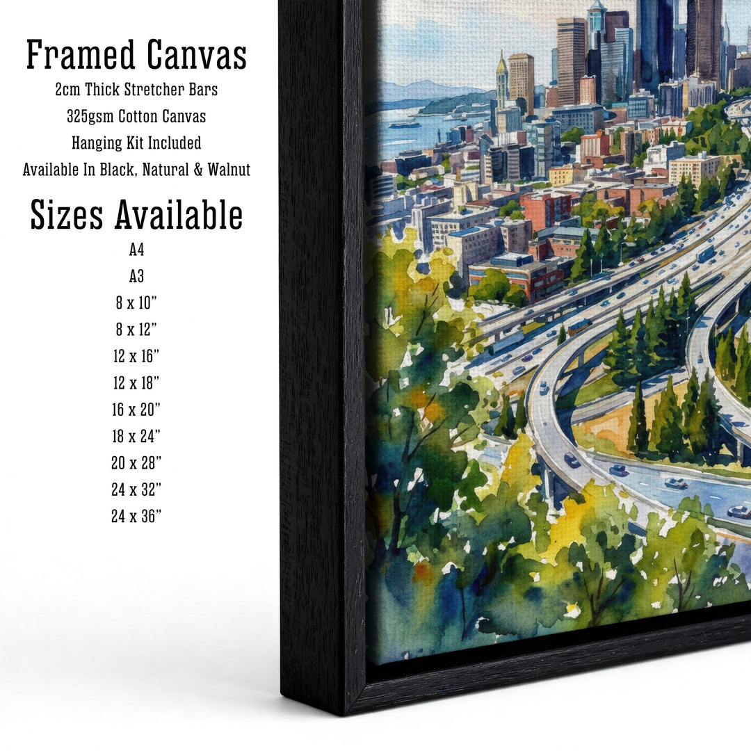 Seattle Watercolor Painting Poster USA Wall Art City Skyline Landscape Print Gift for American Travel Lovers and Fans of Scenic Pacific