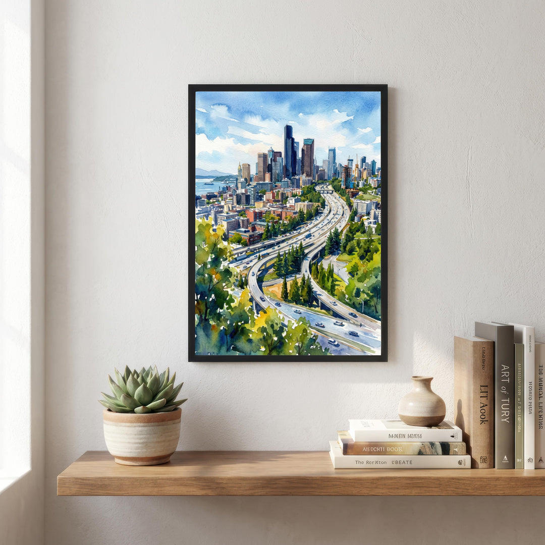 Seattle Watercolor Painting Poster USA Wall Art City Skyline Landscape Print Gift for American Travel Lovers and Fans of Scenic Pacific