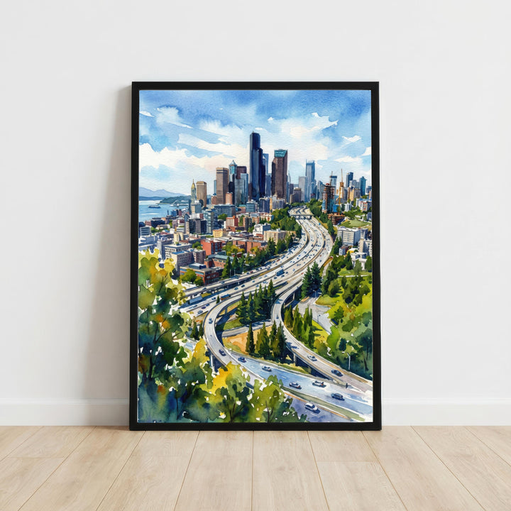 Seattle Watercolor Painting Poster USA Wall Art City Skyline Landscape Print Gift for American Travel Lovers and Fans of Scenic Pacific