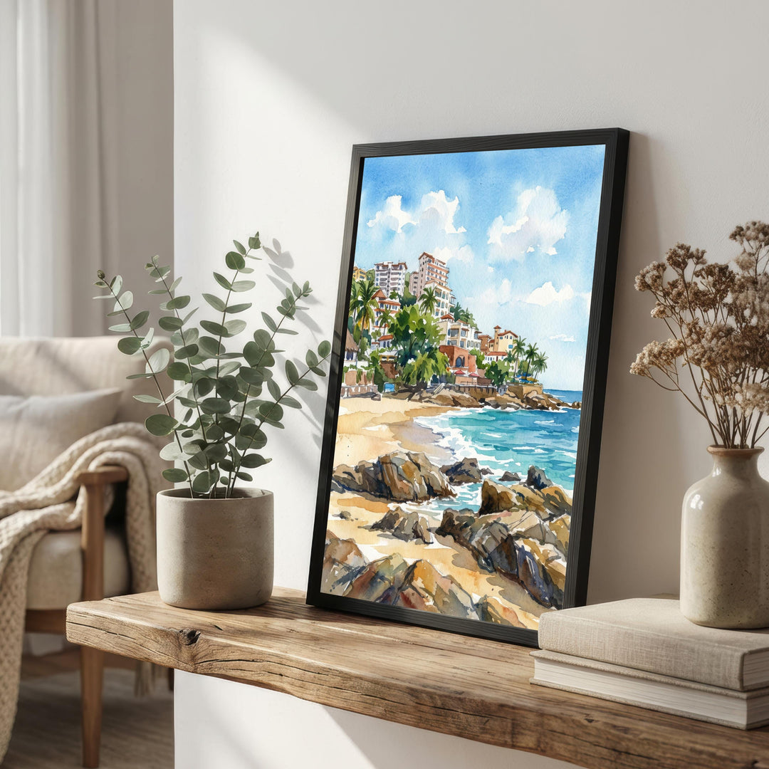 Puerto Vallarta Watercolor Painting Poster Mexico Wall Art Coastal Landscape Print Gift for American Travel Lovers and Fans of Scenic