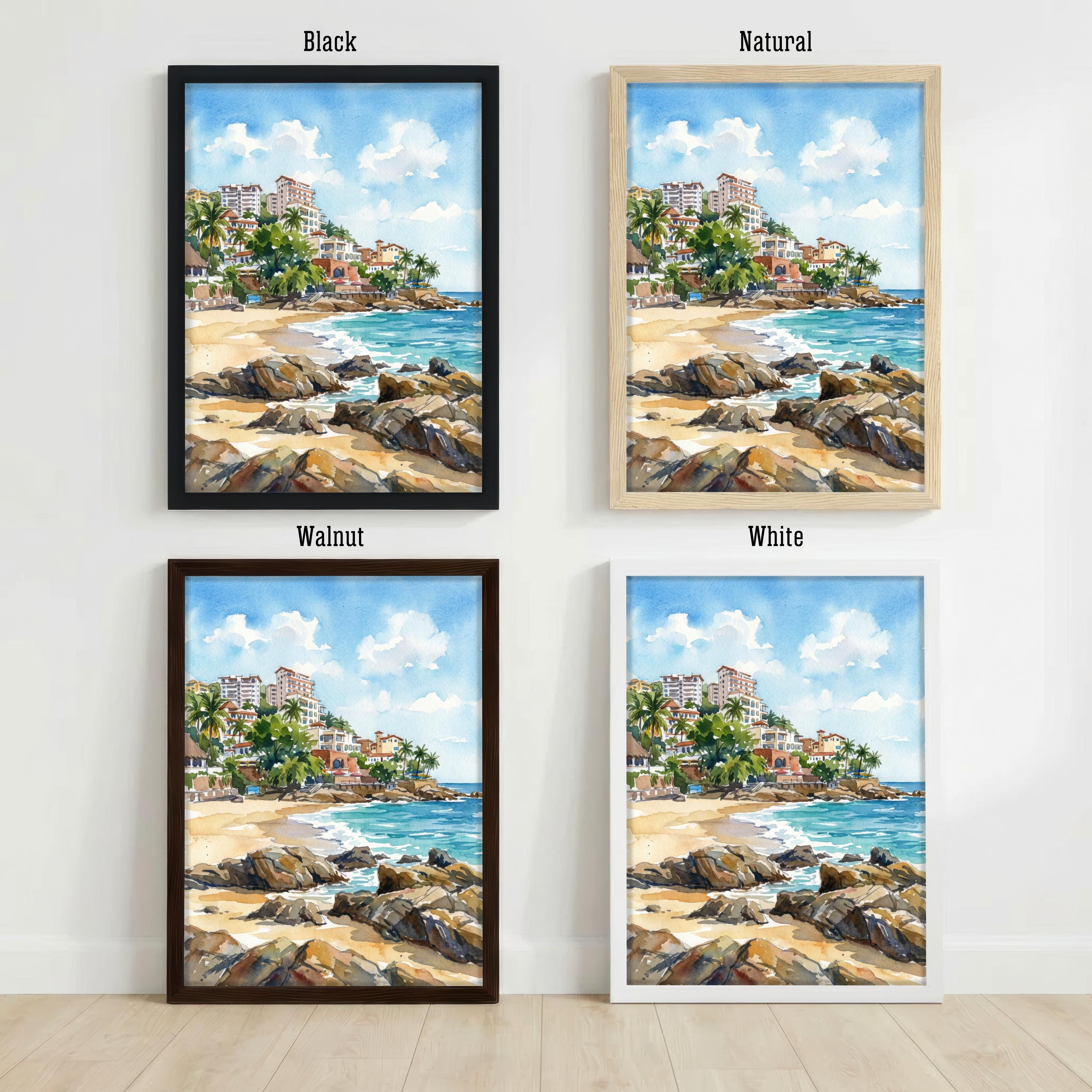 Puerto Vallarta Watercolor Painting Poster Mexico Wall Art Coastal Landscape Print Gift for American Travel Lovers and Fans of Scenic